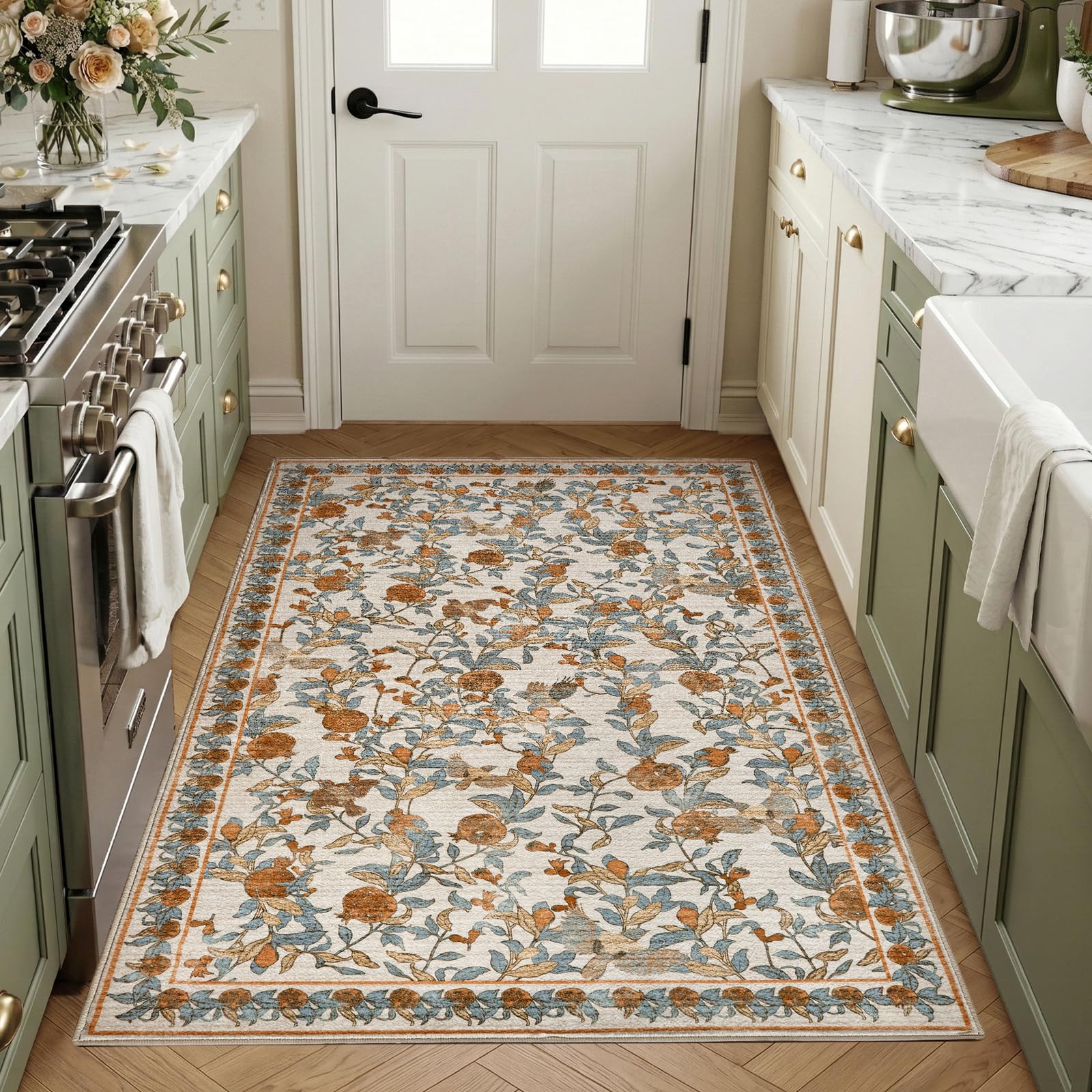 TOPICK Washable Runner Rugs for Hallway 80x150cm, Vintage Pomegranate Bird Printed Design Non Slip Carpet Rugs for Living Room, Non Slip Runners for Entryway, Kitchen, Bedside, Laundry, Beige Orange — image 1