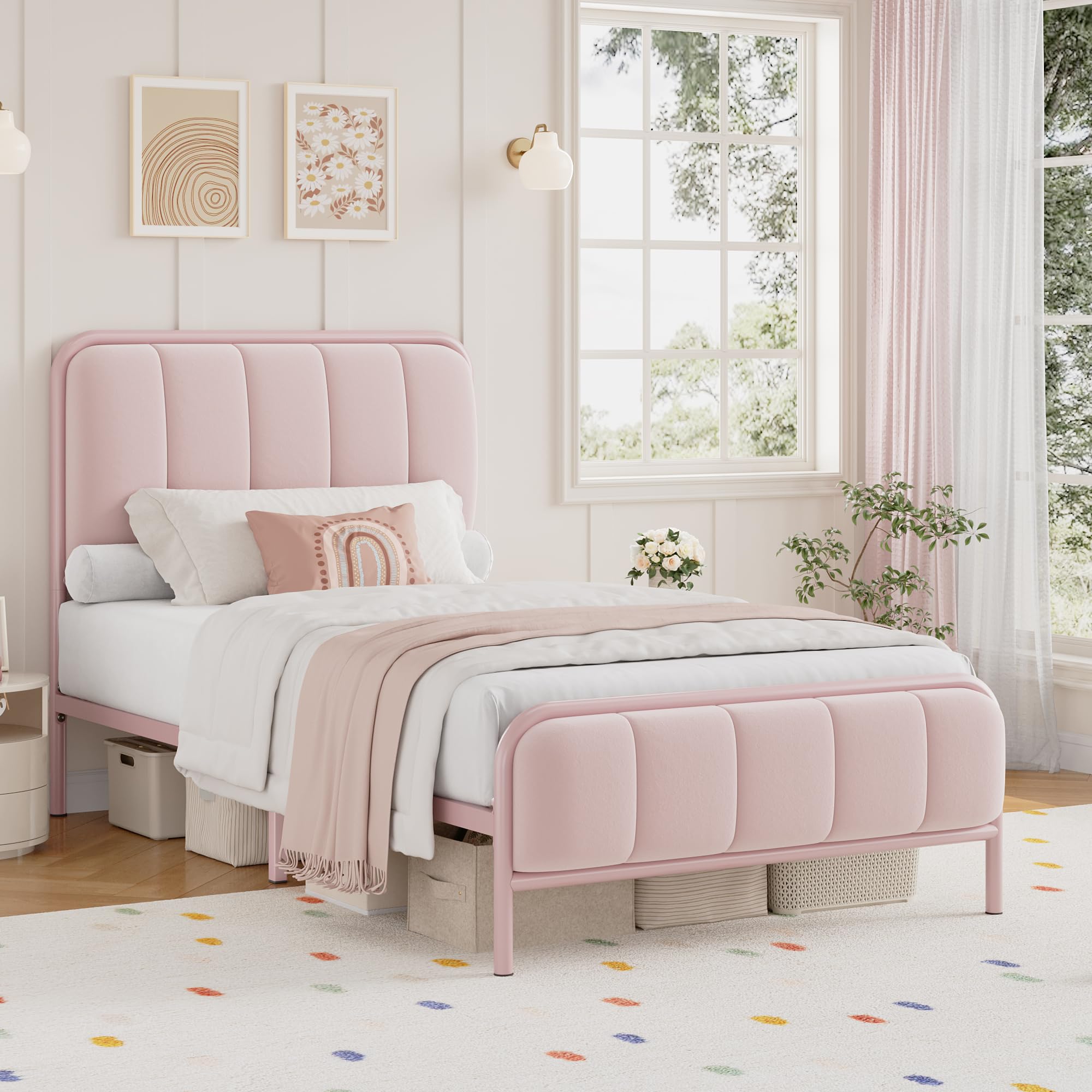 HITHOS Twin Size Bed Frame, Upholstered Pink Bed Frame with Button Tufted Headboard, Heavy Duty Metal Mattress Foundation with Wooden Slats, Easy Assembly, No Box Spring Needed (Pink, Twin)