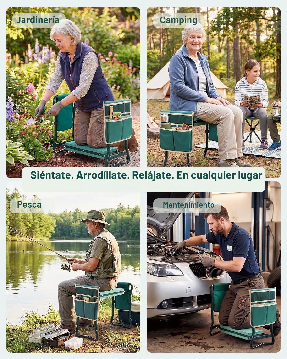 Ohuhu - Taburete de jardín resistente con almohadilla de espuma EVA, banco de jardinería plegable con 2 bolsas para herramientas, suministros de jardinería portátiles 2 en 1, regalo ideal para mujeres