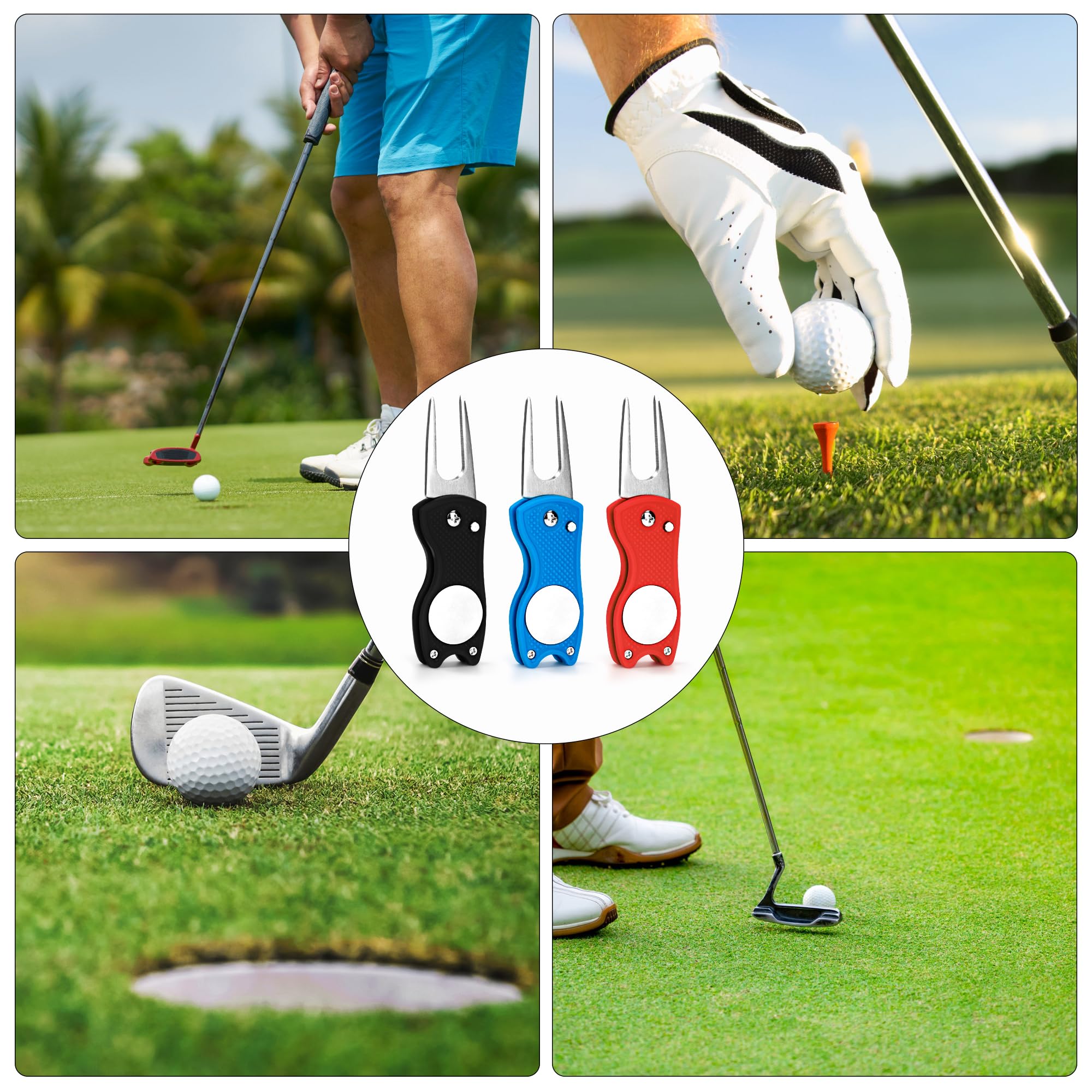 Arreglapiques de Golf Divot 3Pcs Herramientas de Restauración de Golf Pitch Fork Acero Inoxidable con Marcador Bola Magnética Plegable