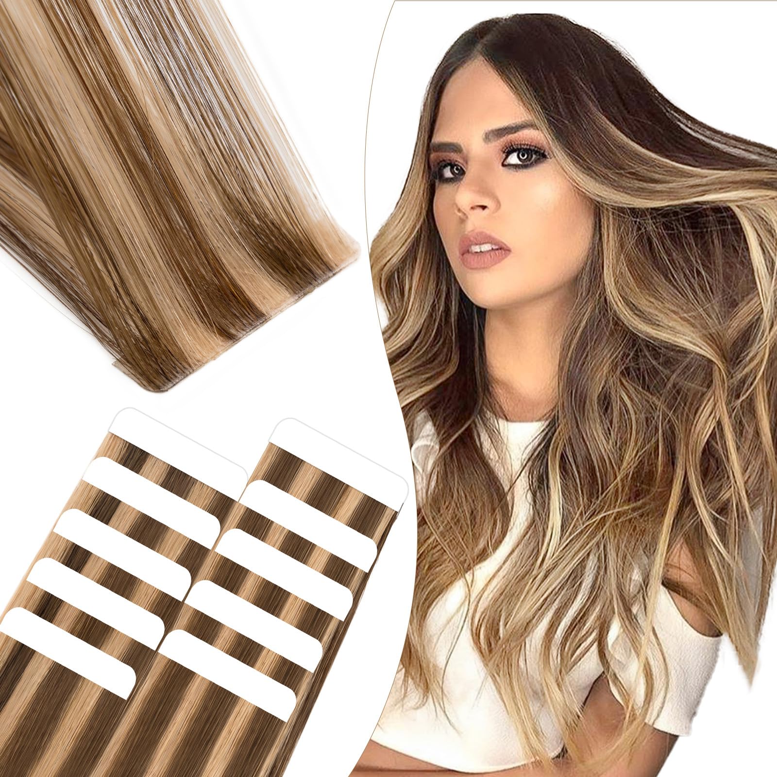Elailite Extensiones Adhesivas Pelo Natural 10 Mechas Cabello Cosido Invisible 100% Humano 50cm 25g #4P27 Marrón Medio Mecha Rubio Oscuro