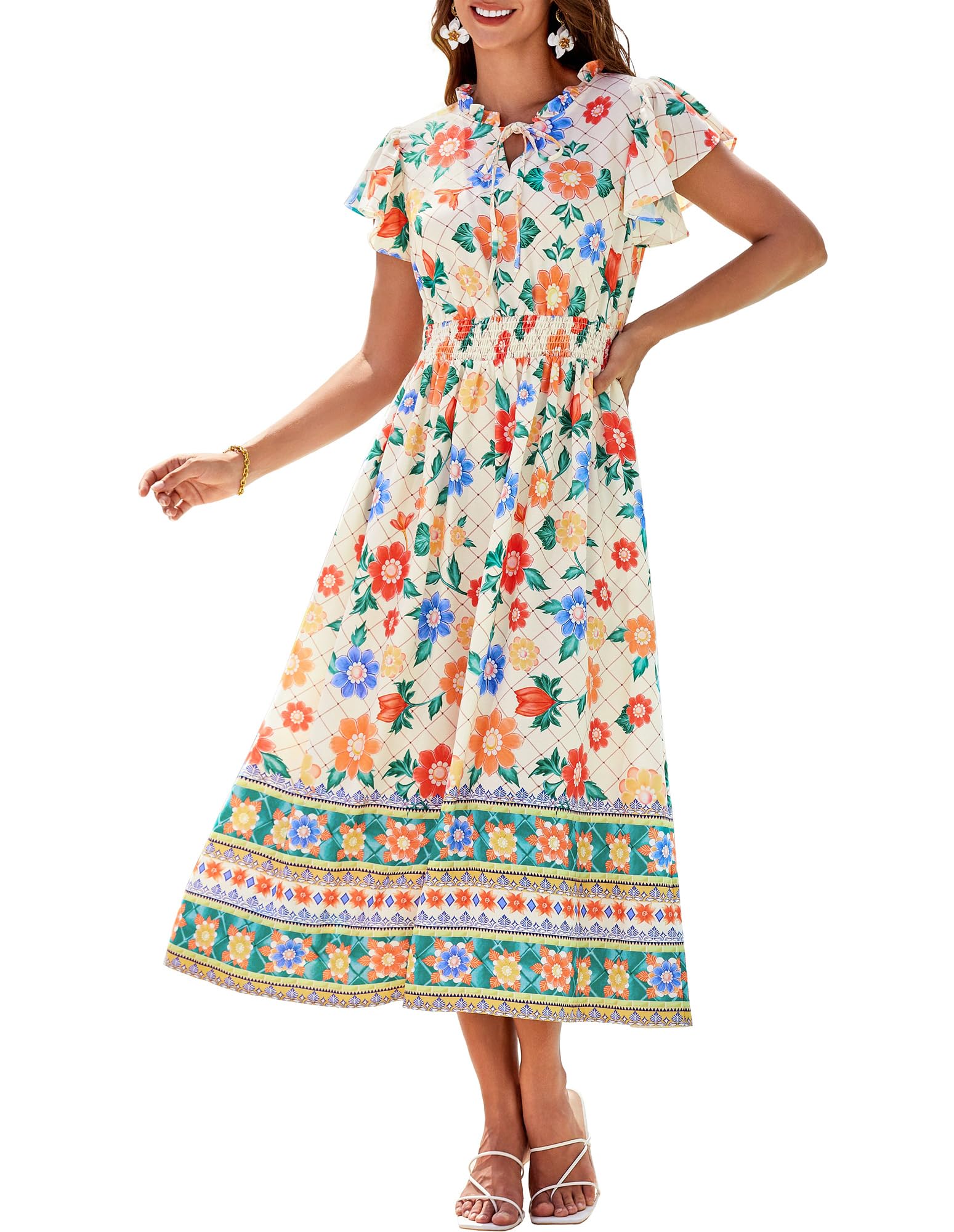 Robe D'été Femme Trapèze Sans Manches - Imprimé Floral, Taille élastique - Pour Plage, Vacances, Sortie - 5