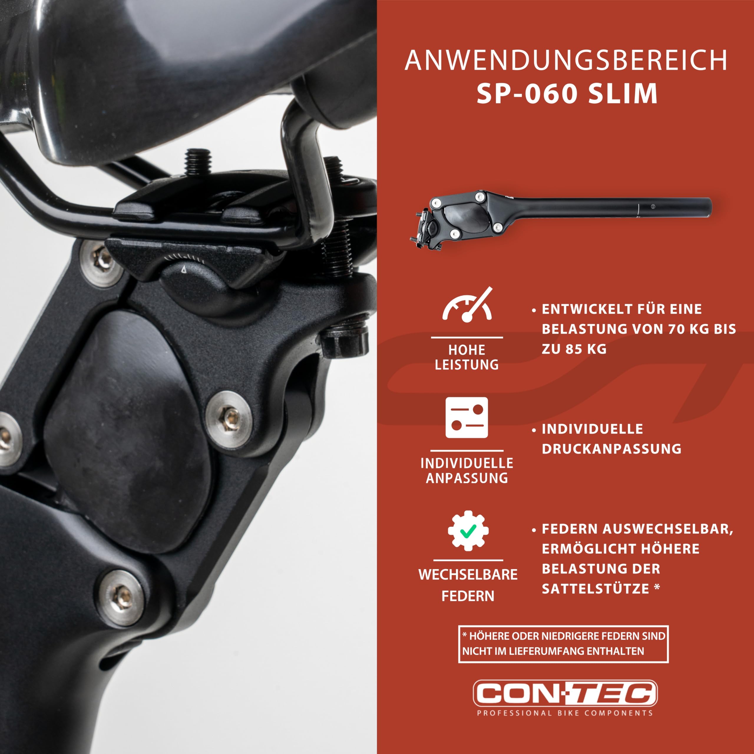 CONTEC Fahrrad-Federsattelstütze SP-060 Slim, Parallelogramm, Aluminium, Komfort für MTB & Citybike, Federung für Rücken-Entlastung, Schwarz