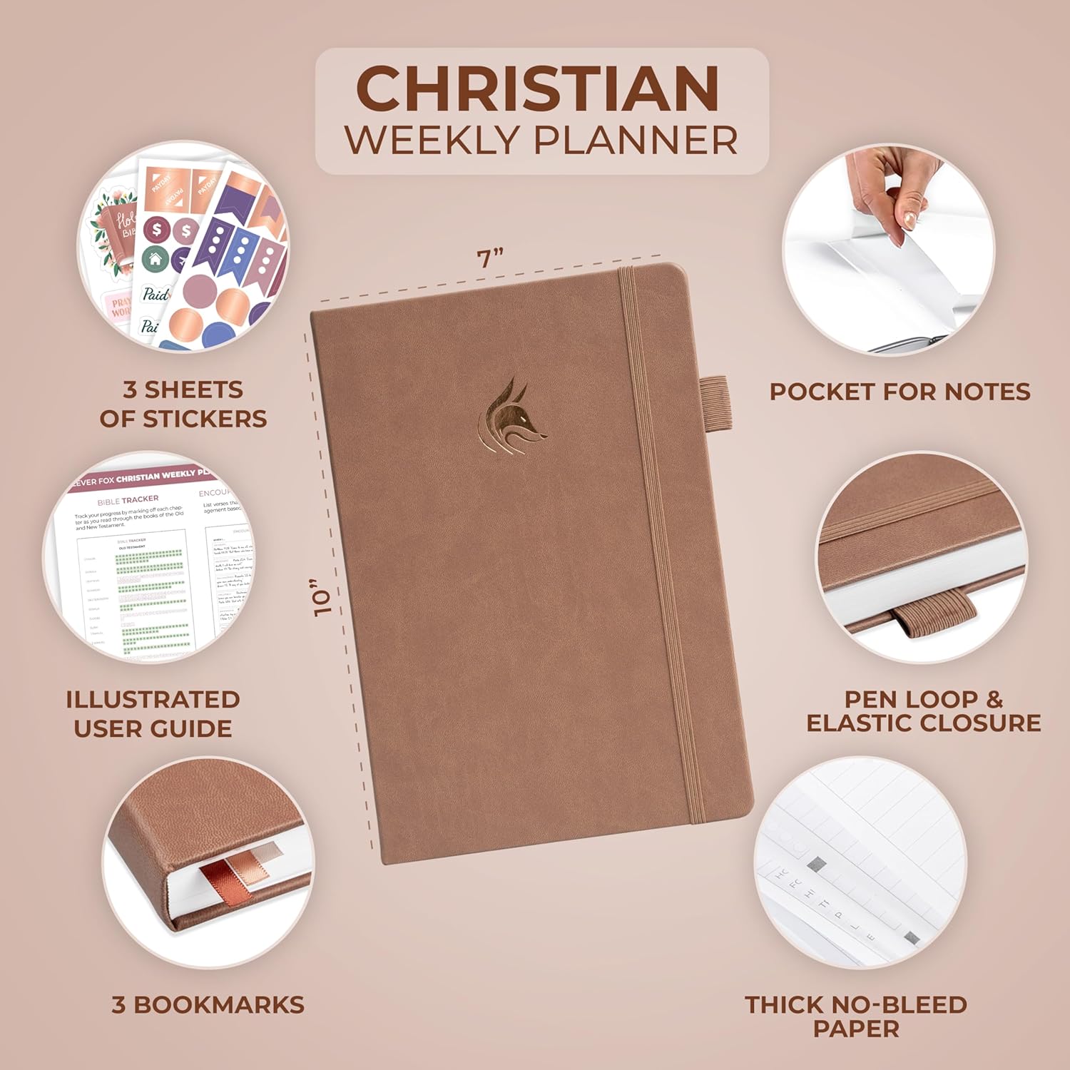 Clever Fox Christian Hourly Weekly Planner – Goal Setting Planner with Time Slots, Monthly Budget, Sermon Notes, Bible Reading Tracker (Dark Terracotta)