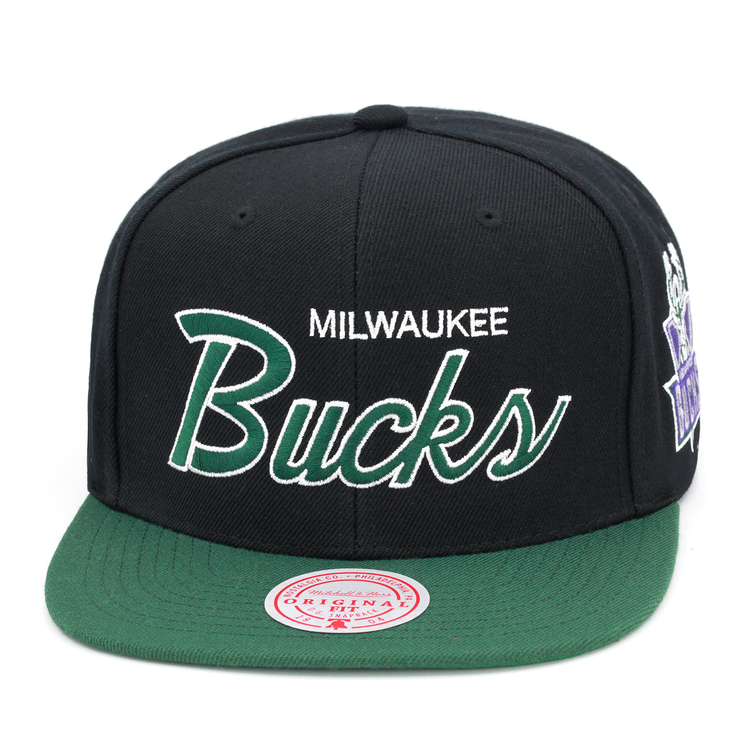 Mitchell & Ness Bucks Team Script 2.0 Snapback Hat Adjustable Cap - Black/Green/Hardwood Classics | Adjustable Cap, Hardwood Classics
