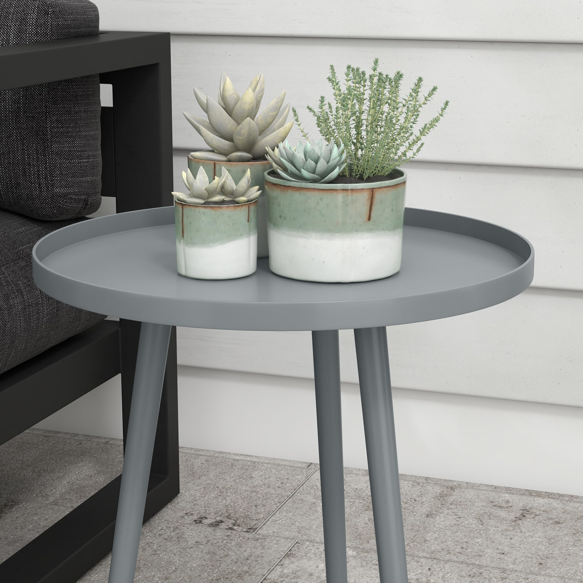 Outsunny Beistelltisch Garten, wetterfester Gartentisch mit erhöhtem Rand, Balkontisch aus Stahl, runder Kaffeetisch 20kg belastbar, Ø40x50H cm, Sofatisch für Outdoor Indoor Balkon Terrasse Grau