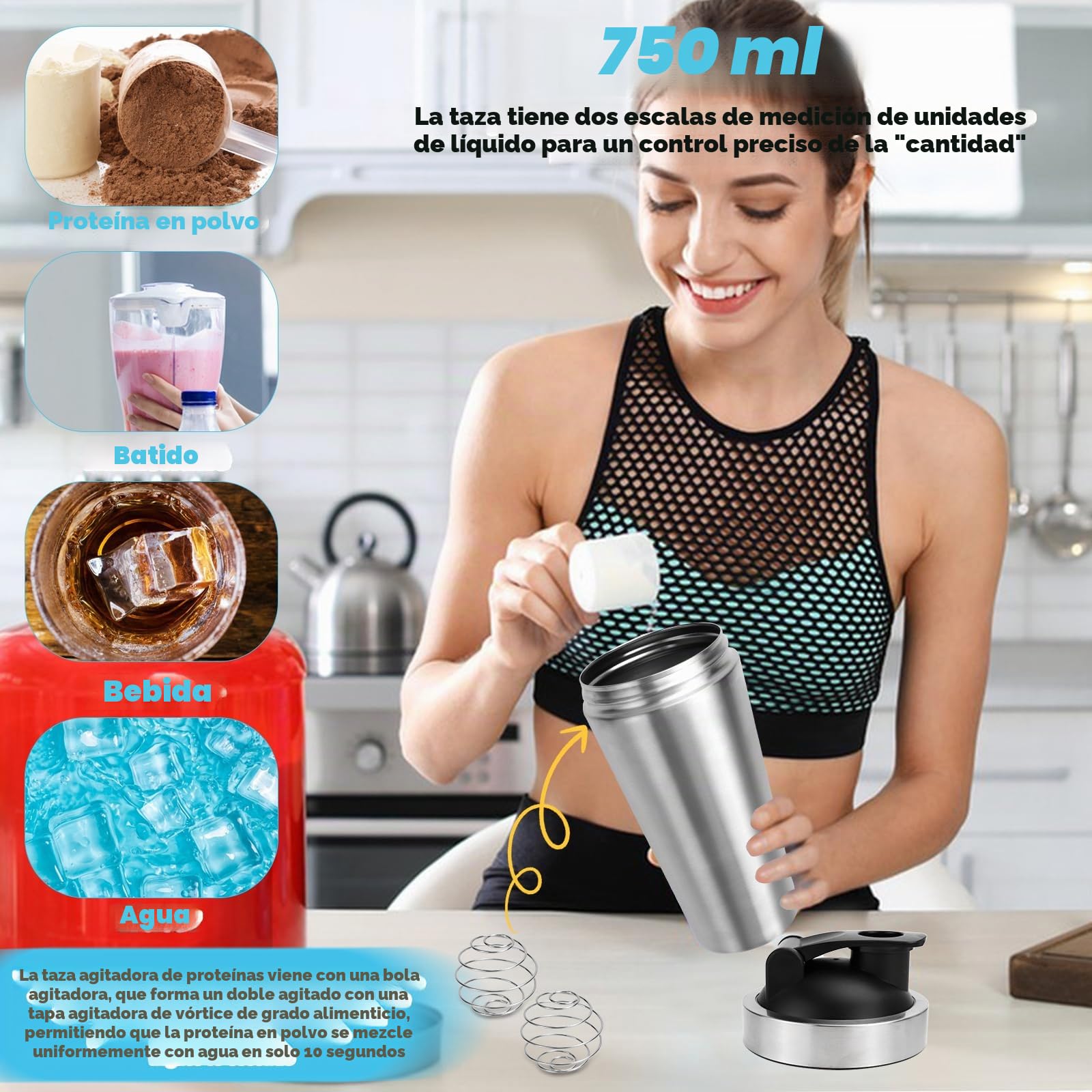 Shaker Acero Inoxidable, 750 ml Shaker Proteinas, con Bola Agitadora y Cepillo de Taza, Doble Mezcla, Escalas Interior y Exterior, Coctelera Proteinas Para Fitness, Ciclismo, Regalos, Plata