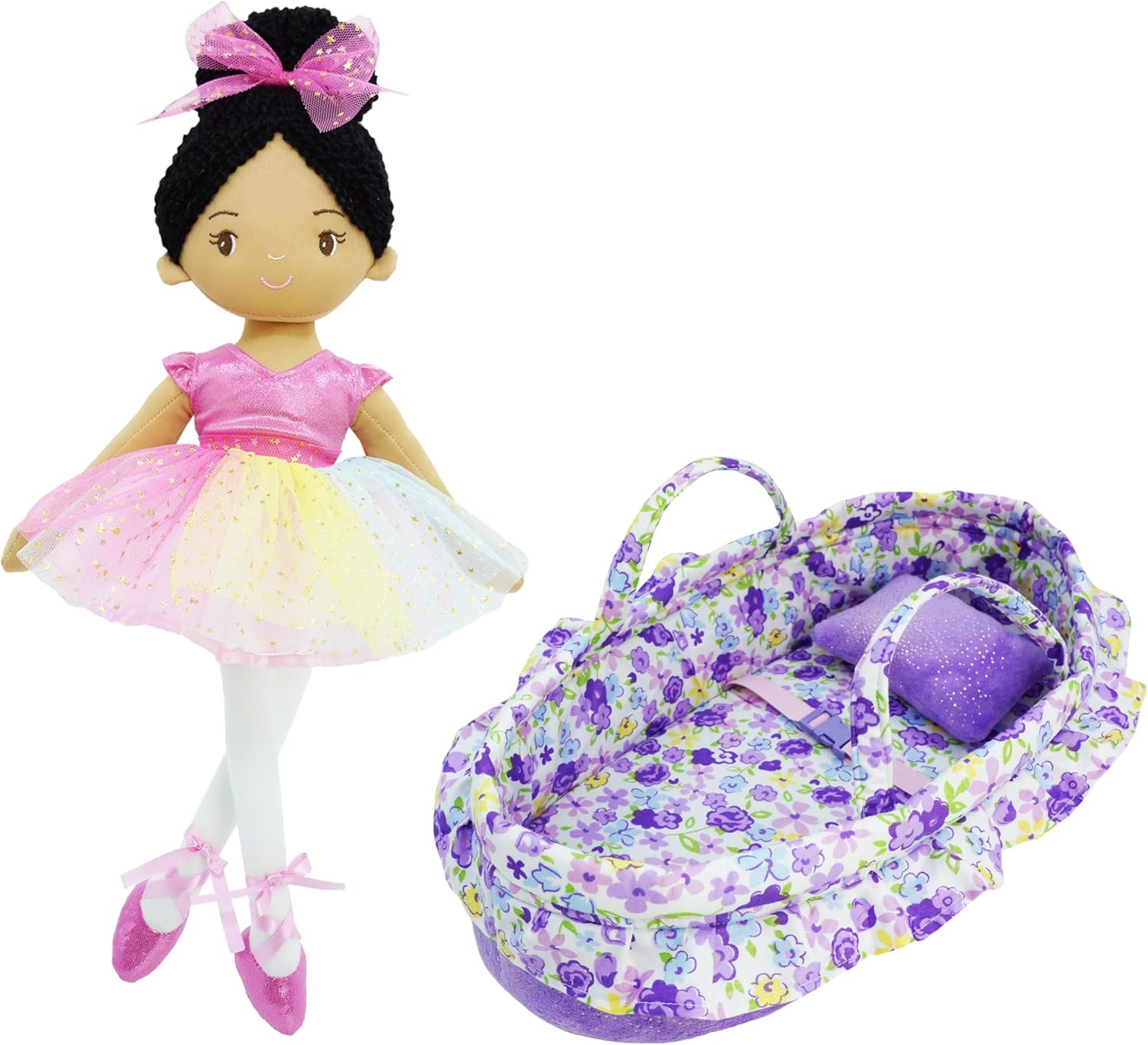 June Garden 2 Pcs Ballerina Doll Playset Bundle - Includes 16" Ballerina Princess Stella and Purple Cozy Dream Doll Bassinet