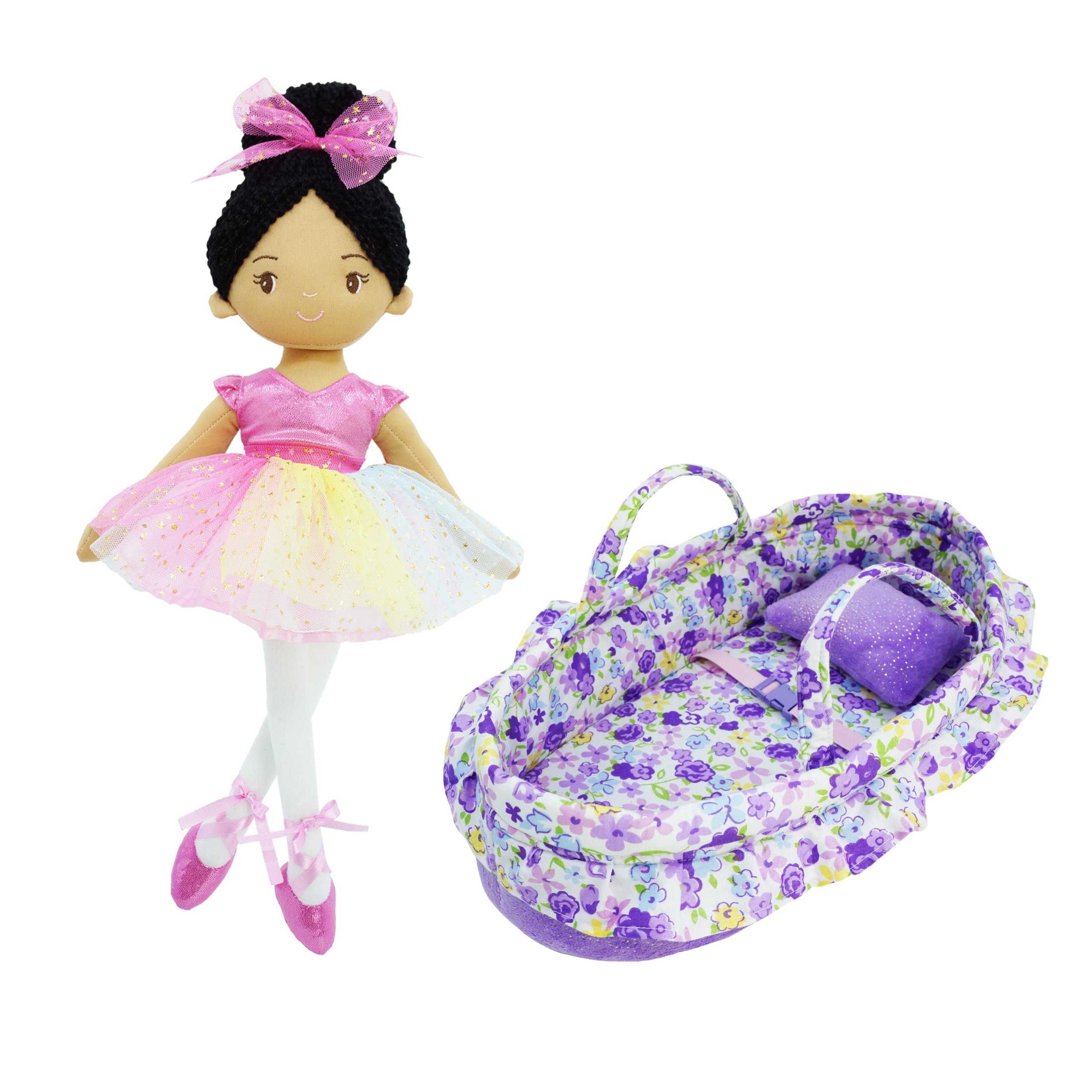 June Garden 2 Pcs Ballerina Doll Playset Bundle - Includes 16" Ballerina Princess Stella and Purple Cozy Dream Doll Bassinet