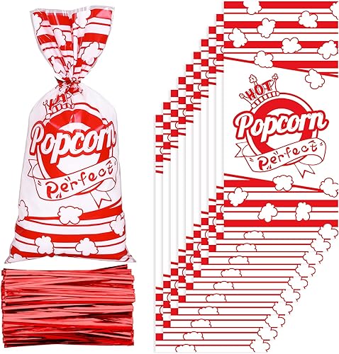 Whaline 150 bolsas de celofán de palomitas de maíz con rayas rojas y blancas, bolsas de golosinas de palomitas de maíz, bolsa de fiesta, bolsas de