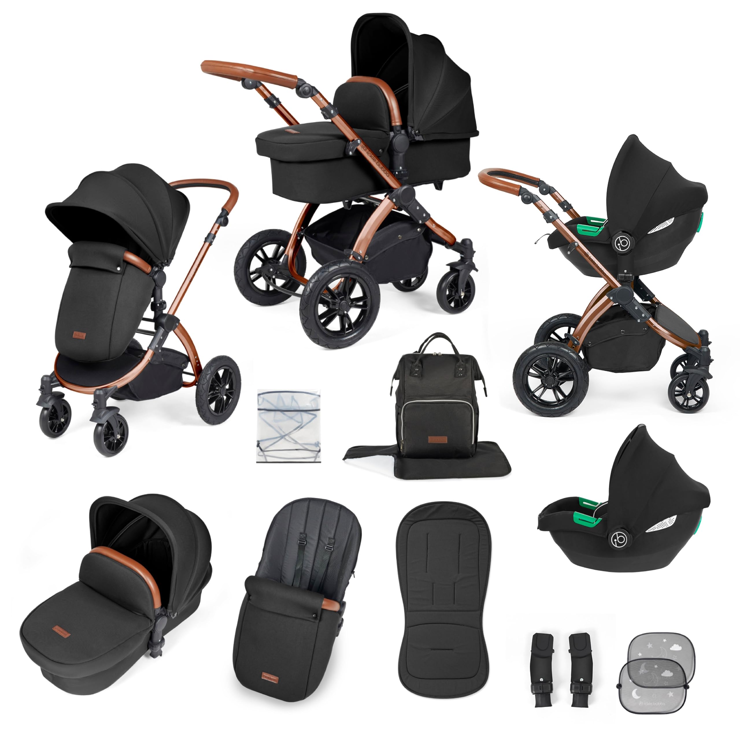 Poussette Tout-Terrain 12 pcs Ickle Bubba Stomp Luxe – Système de Voyage 3 en 1 avec Siège Auto i-Size Cirrus – Siège Réversible, Landau, Capote UPF 50+ & Accessoires (Bronze/Minuit/Tan)