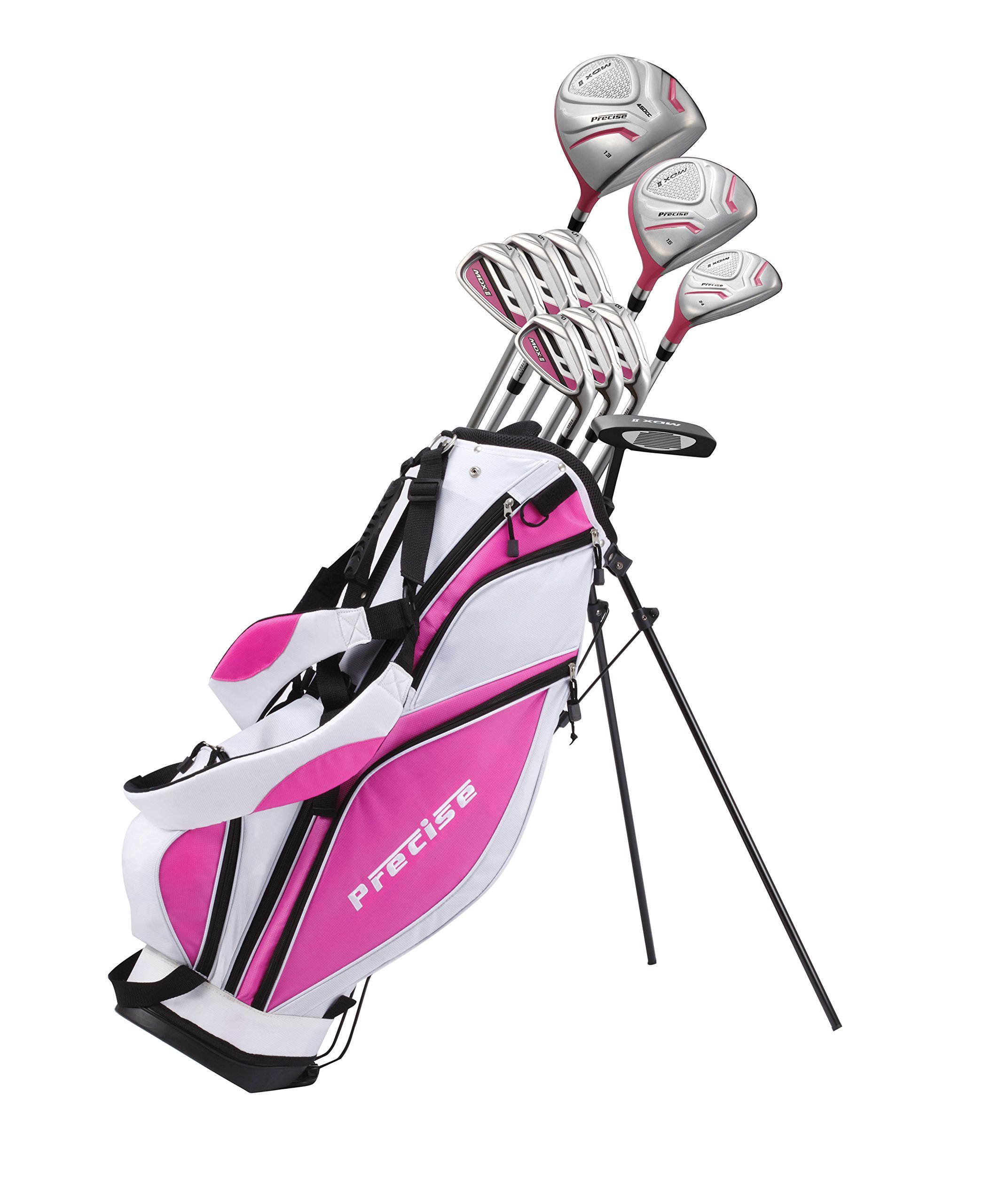 Precise Premium Ladies Womens Complete Golf Clubs Set Includes Driver, Fairway, Hybrid, S.S. 5-PW Irons, Putter, Stand Bag, 3 H/C's (Pink, Right Hand)