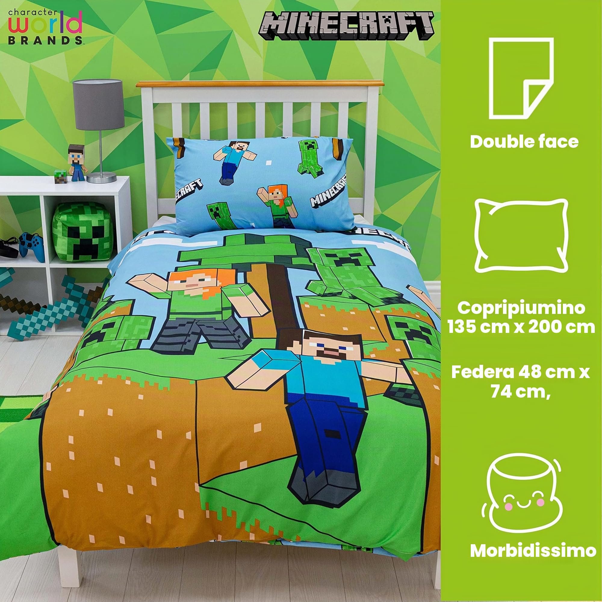 Minecraft Set copripiumino singolo ufficiale, design epico, reversibile, blu su 2 lati, prodotto ufficiale, con federa coordinata