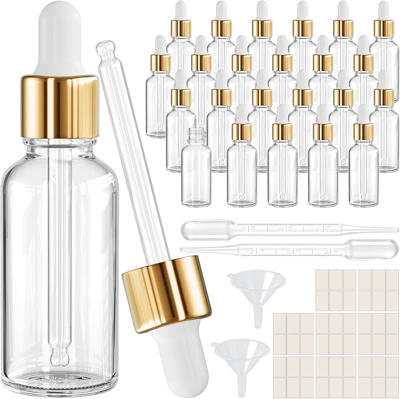 PrettyCare Frascos de vidro com conta-gotas 24 unidades, 30 mL, transparentes, com tampas douradas, etiquetas e funis