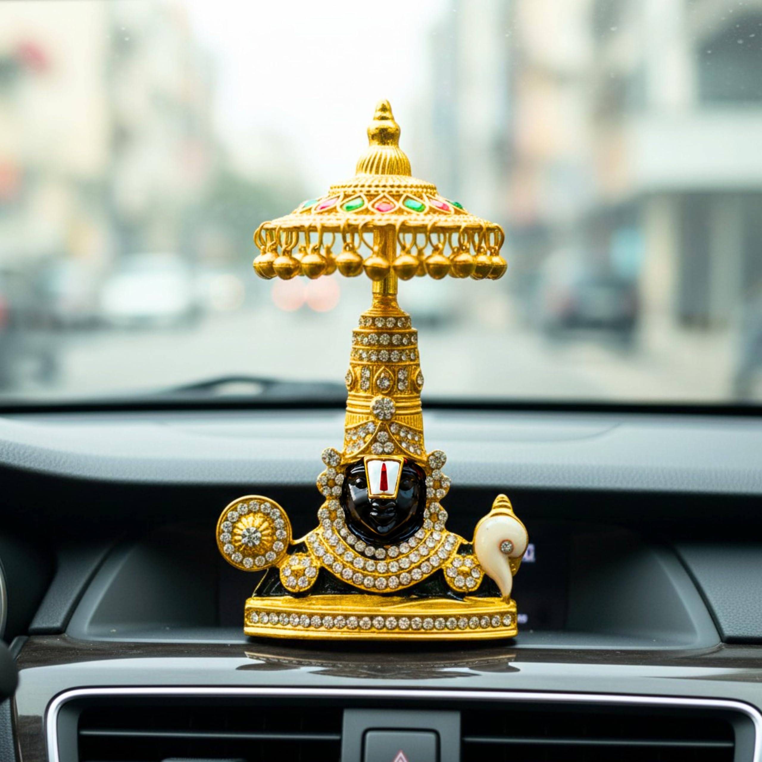 yaa catchy balaji tirupati lord venkateswara car dashboard idol with crystal stones hindu god srinivasa.(blessings on the go) (white-umbrella)