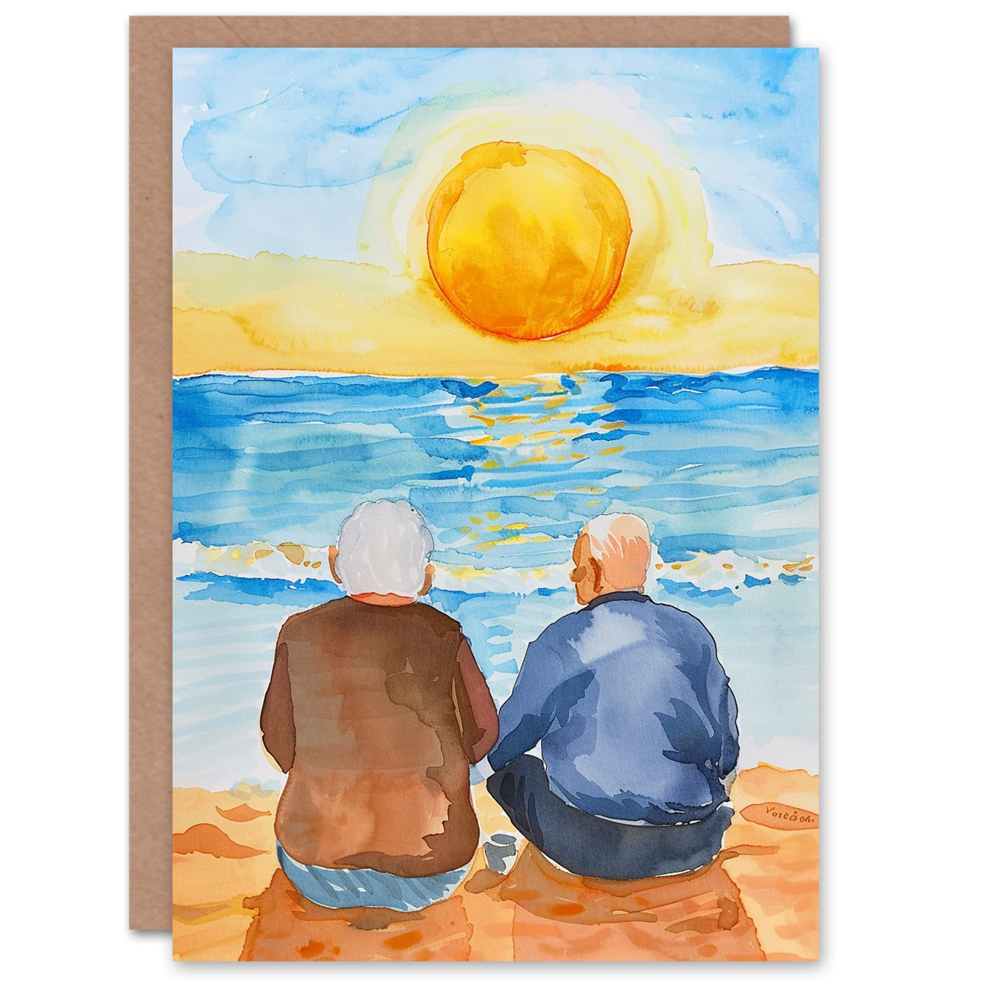 Artery8 Elderly Couple Watching Sunset Beach Watercolour Blank For Him Or Her Art Anniversary Card