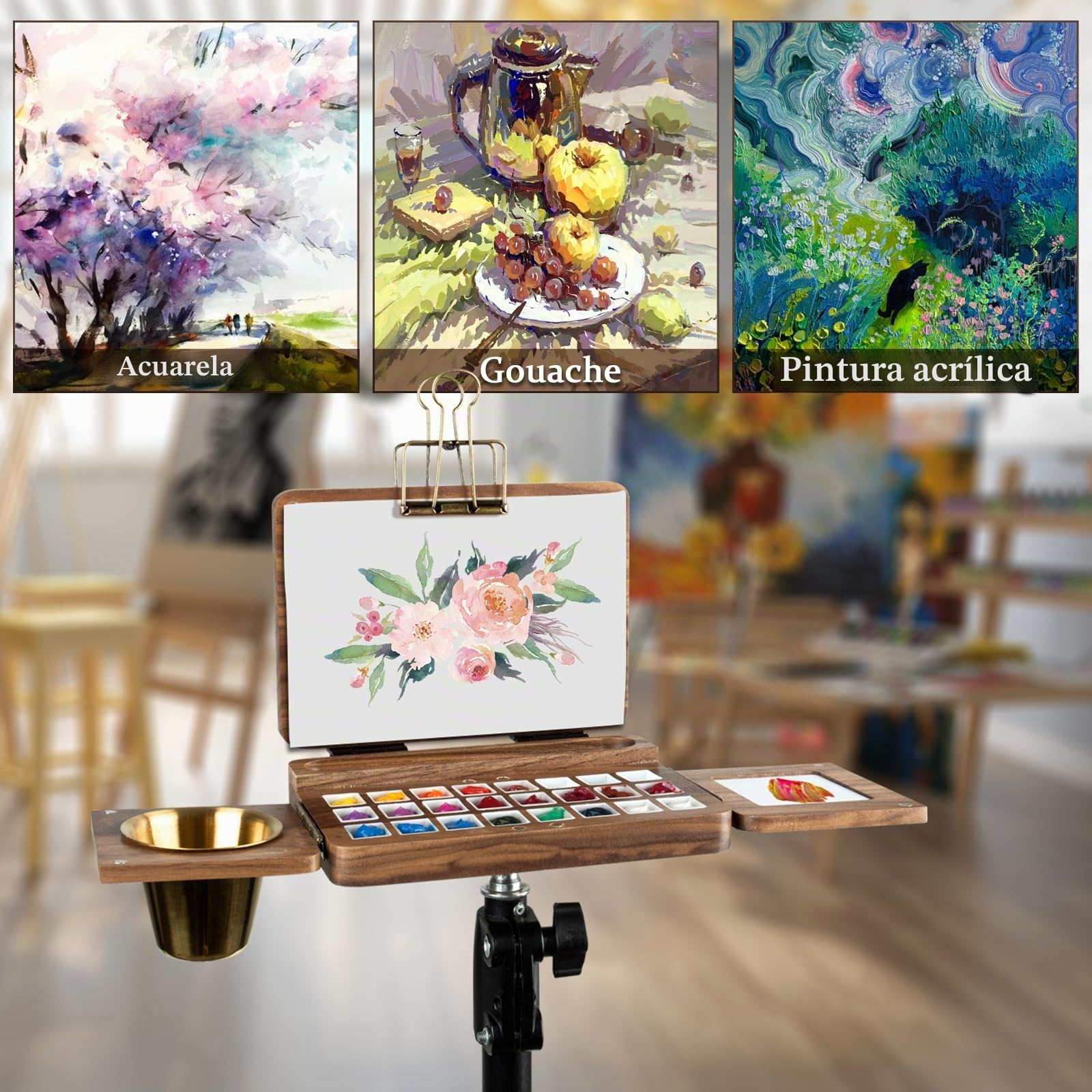 Paleta de Pintura de Madera para Acuarelas con Tapa Paleta de Pintura Acrílica con 24 Rejillas Caja de Paleta de Nogal Negro Paletas de Pintura para Viajes al Aire Libre Paletas de Pintura