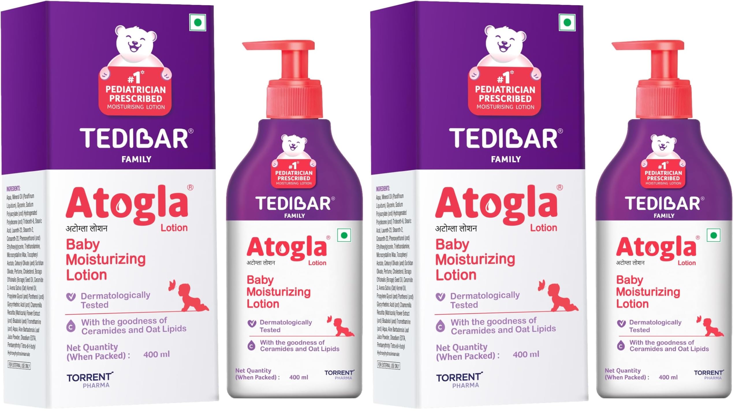 Atogla Baby Lotion 400ml from Tedibar Family with goodness of ceramides and oat lipids | No. 1* Pediatrician prescribed Moisturising Lotion- By Torrent Pharma (Pack of 2)-image-1