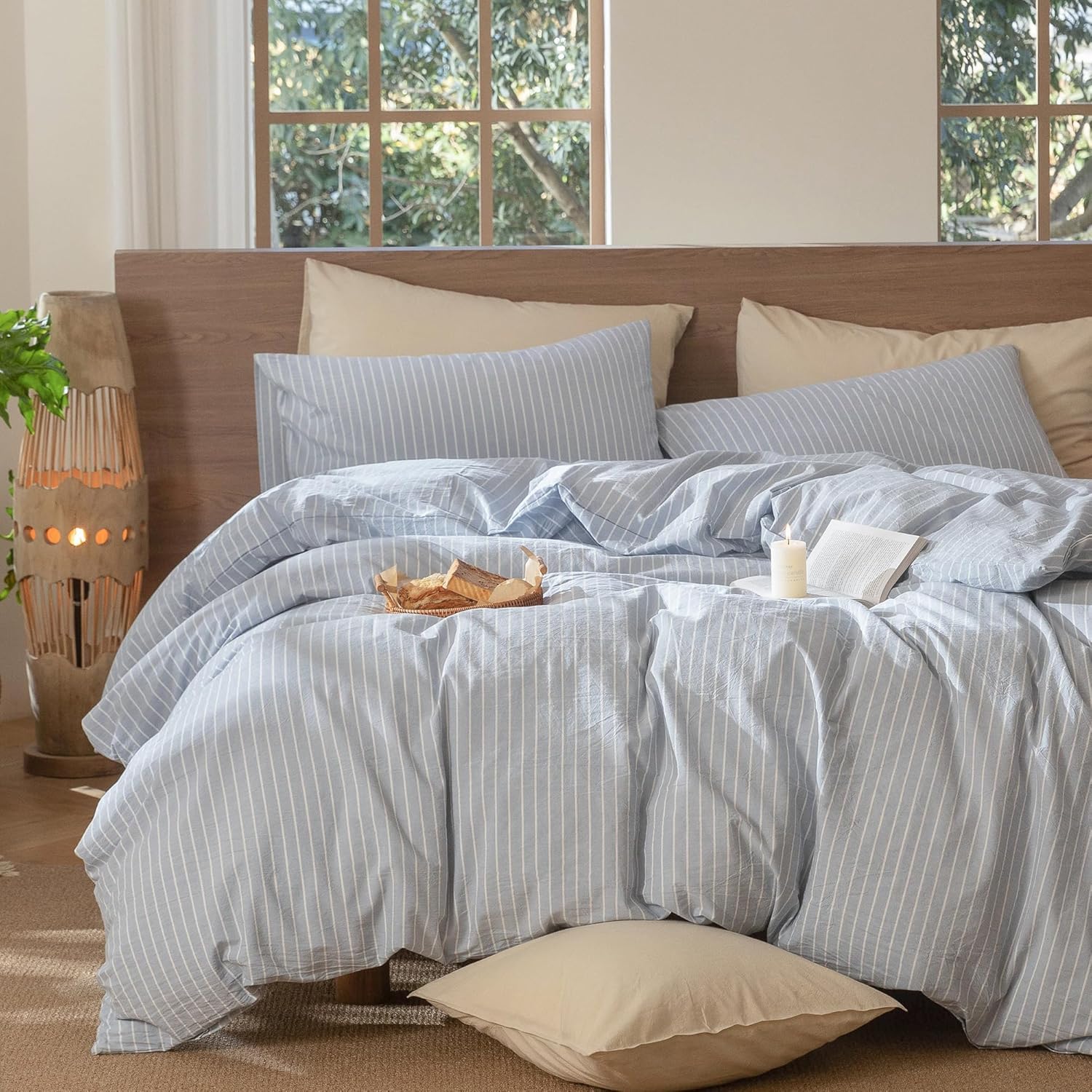 Lanqinglv Bettwäsche 200x220 Baumwolle Gestreift Blau,100% Renforce Baumwolle Bettwäsche Set mit Reißverschluss,ÖKO-TEX Bettwäsche für Allergiker Geeignet,1 Bettbezug & 2 Kissenbezug 80x80 cm