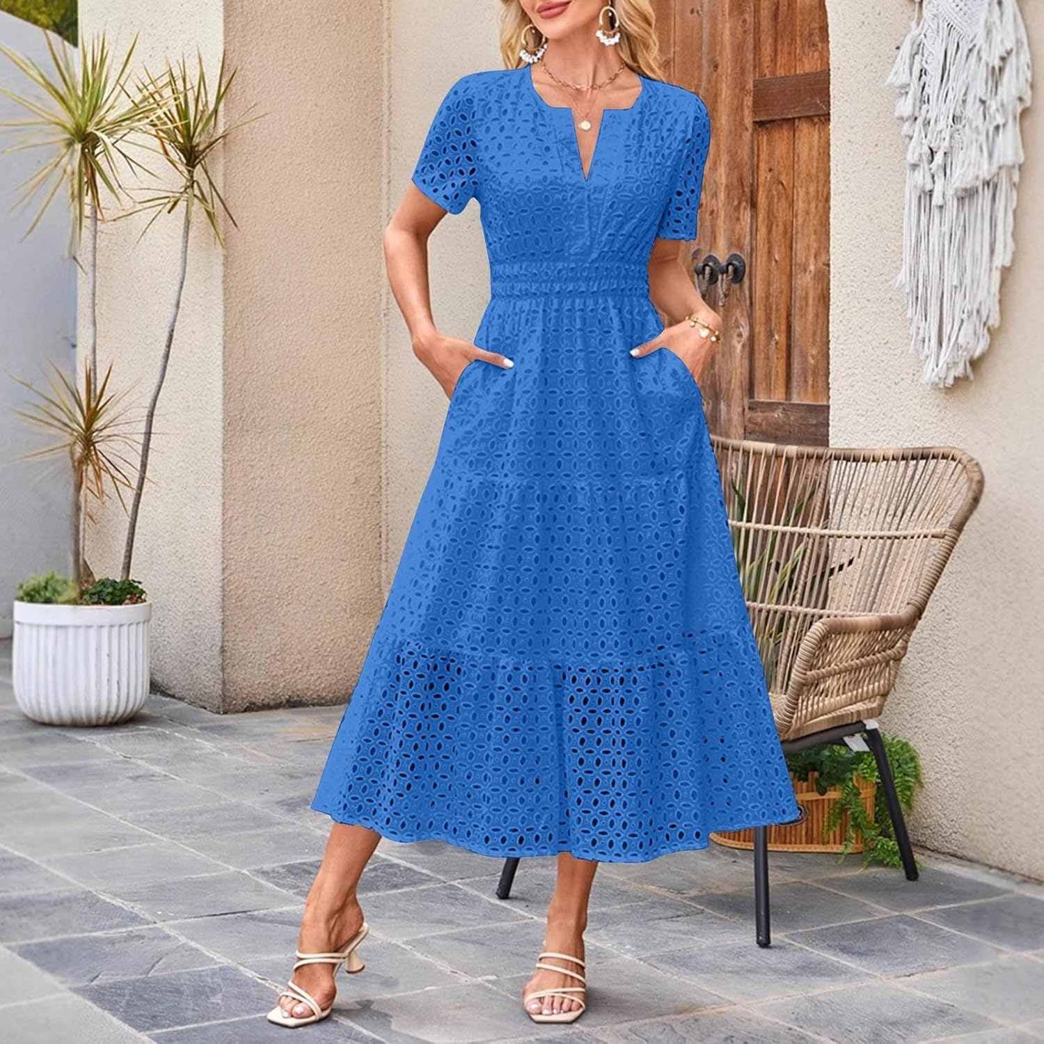 Vestidos de Verano, Vestido de Manga Corta con Ojales, Cuello en V,Vestidos playeros Largos y fluidos, Estilo Bohemio, Elegante, Informal, Largo, con Bolsillos, Vestido de Verano Informal.