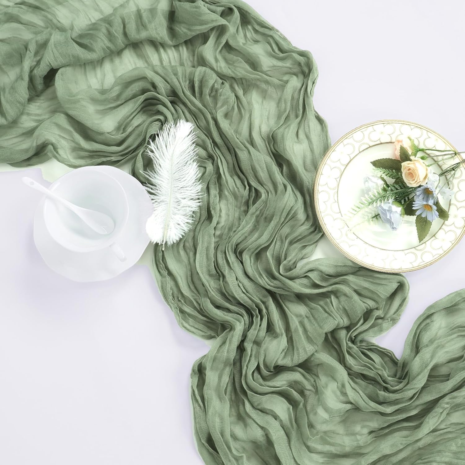 12 Pack Sage Green Cheesecloth Table Runner 10ft Boho Gauze Fabric Cheese Cloth Table Runner 35 x 120 Inch Rustic Sheer for St Patricks Day Wedding Decor Baby Shower Party Table Centerpiece Decoration