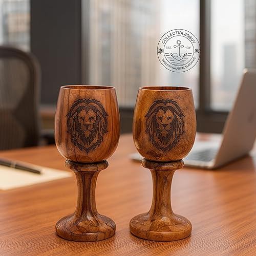 Miniatura 2 de collectiblesBuy Juego de 2 copas de cerveza hechas a mano con logotipo de león marrón antiguo, cáliz de madera de teca natural, rústico, para