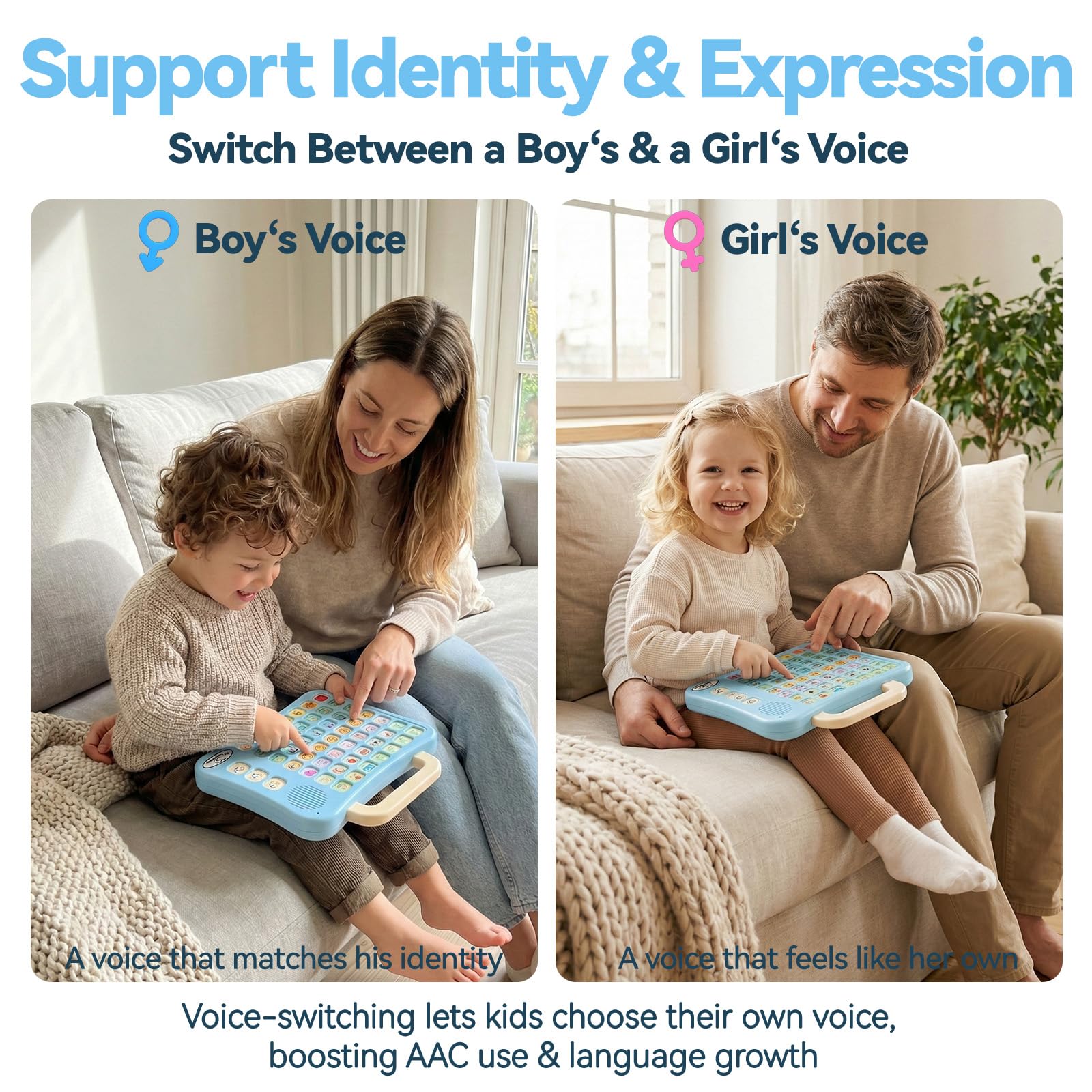 Appareil AAC pour autisme, tablette de communication avec 52 boutons à code couleur, support de poignée pliable, interrupteur vocal pour garçon/fille, 7 boutons d'enregistrement pour enfants non