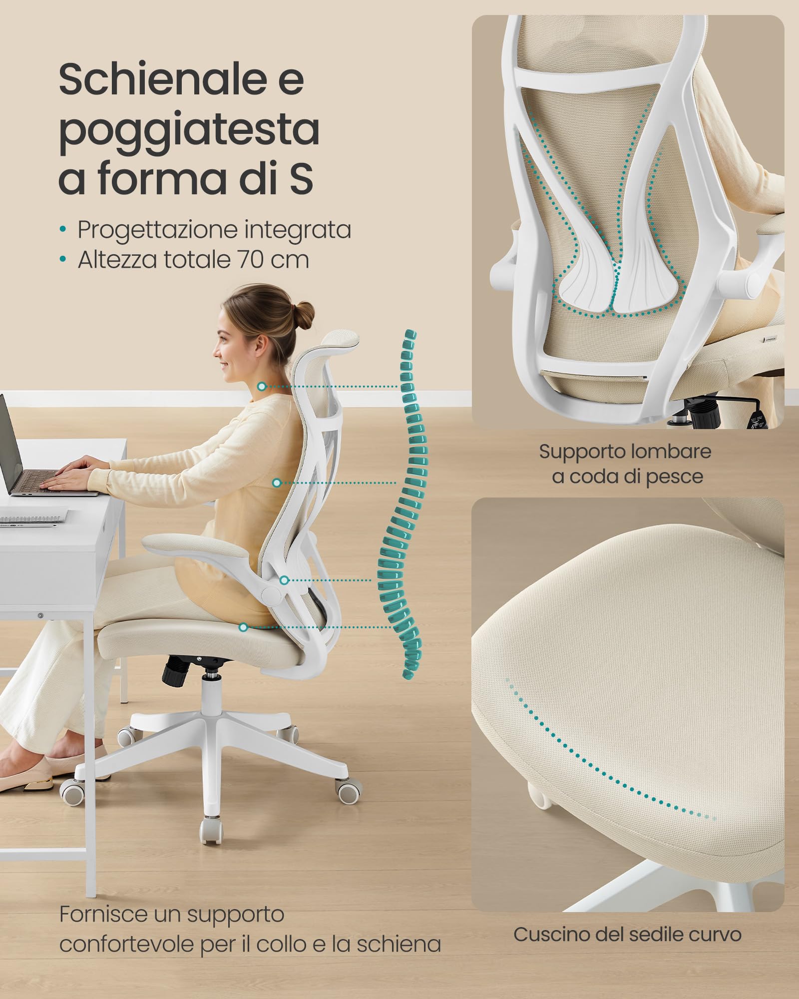 SONGMICS Sedia da Ufficio, Sedia da Scrivania Girevole, Schienale Ergonomico, Altezza Regolabile, Braccioli Ribaltabili, con Poggiatesta, Portata 150 kg, Beige Cappuccino OBN088K01