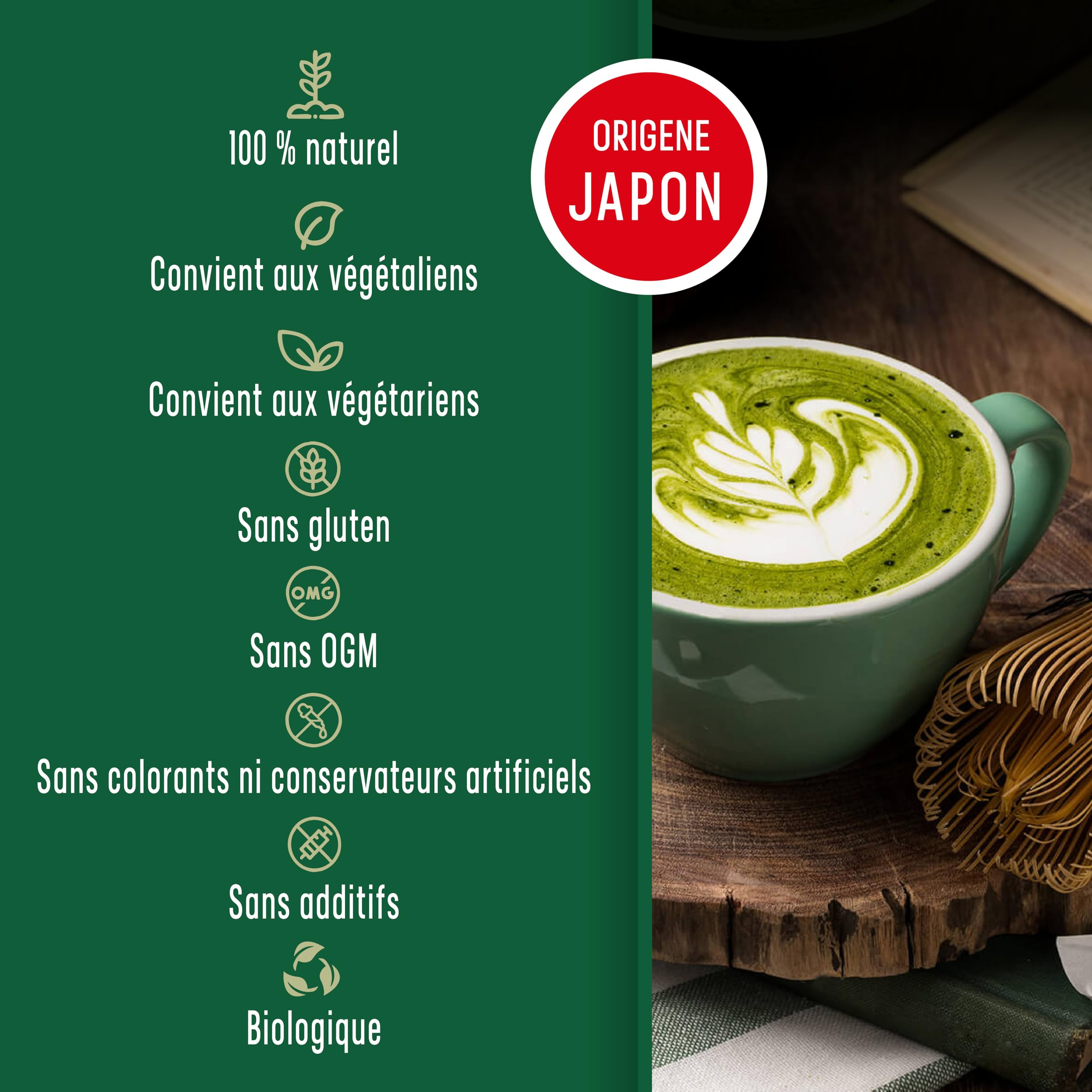 Thé Matcha JAPONAIS certifié. 50 doses de qualité CÉRÉMONIELLE. 50 bâtonnets individuels, pour un transport facile. Poudre de Matcha 100% naturelle.