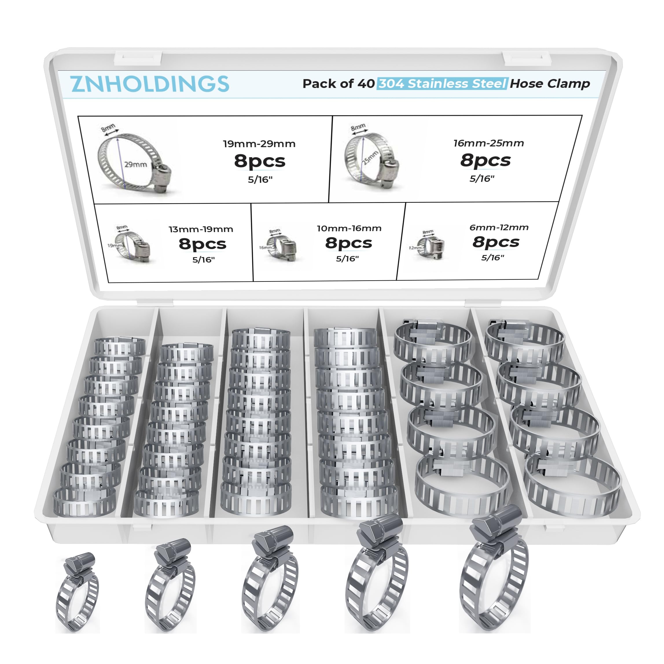 40-Piece Hose Clamp Stainless Steel Assortment Kit – Adjustable Worm Gear Clamps (5/16” – 3/4”) for Plumbing, Automotive, Fuel Lines,Pipes &