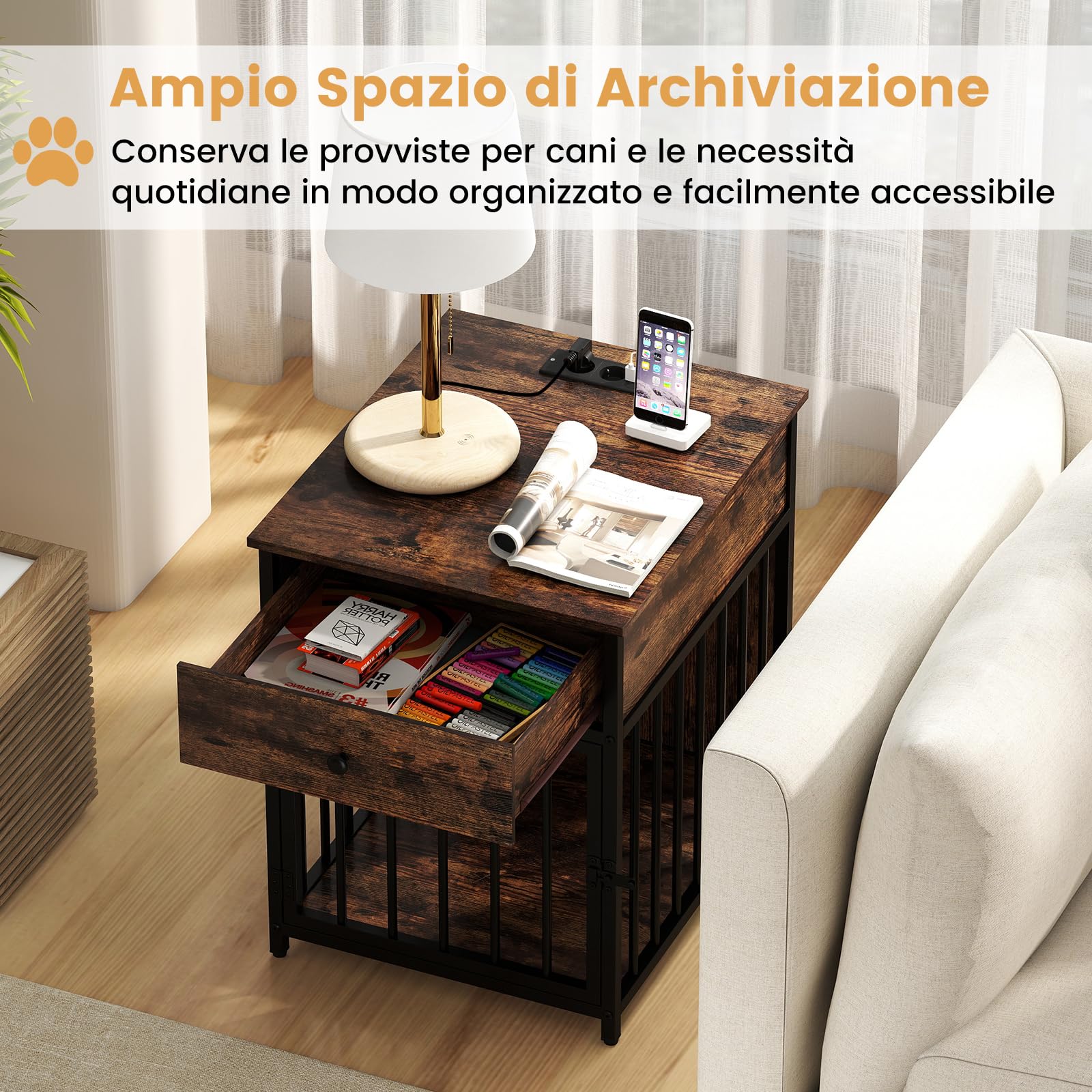 COSTWAY Gabbia per Cani con Stazione di Ricarica e Armadietto Multiuso | Cuccia per Cani in Legno con 2 Prese AC, 2 Porte USB e 1 Porta Type-C, Cassetto e Tubi Metallici, 81 x 37 x 115 cm