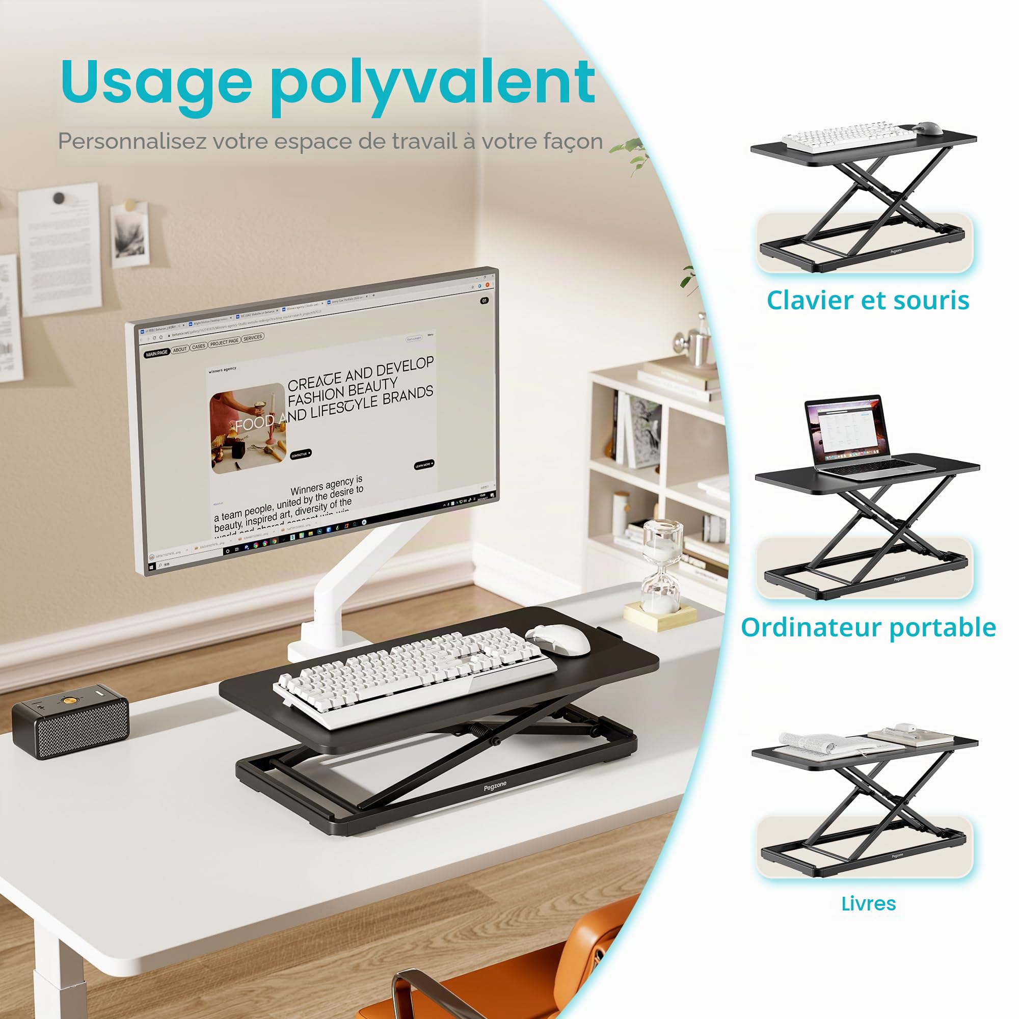 PEGZONE bureau assis debout ergonomique 61x30cm 6 niveaux réglable noir | Bureau debout hauteur 4,3–39,6cm, structure X métallique stable, sans montage, charge 5kg, patins antidérapants