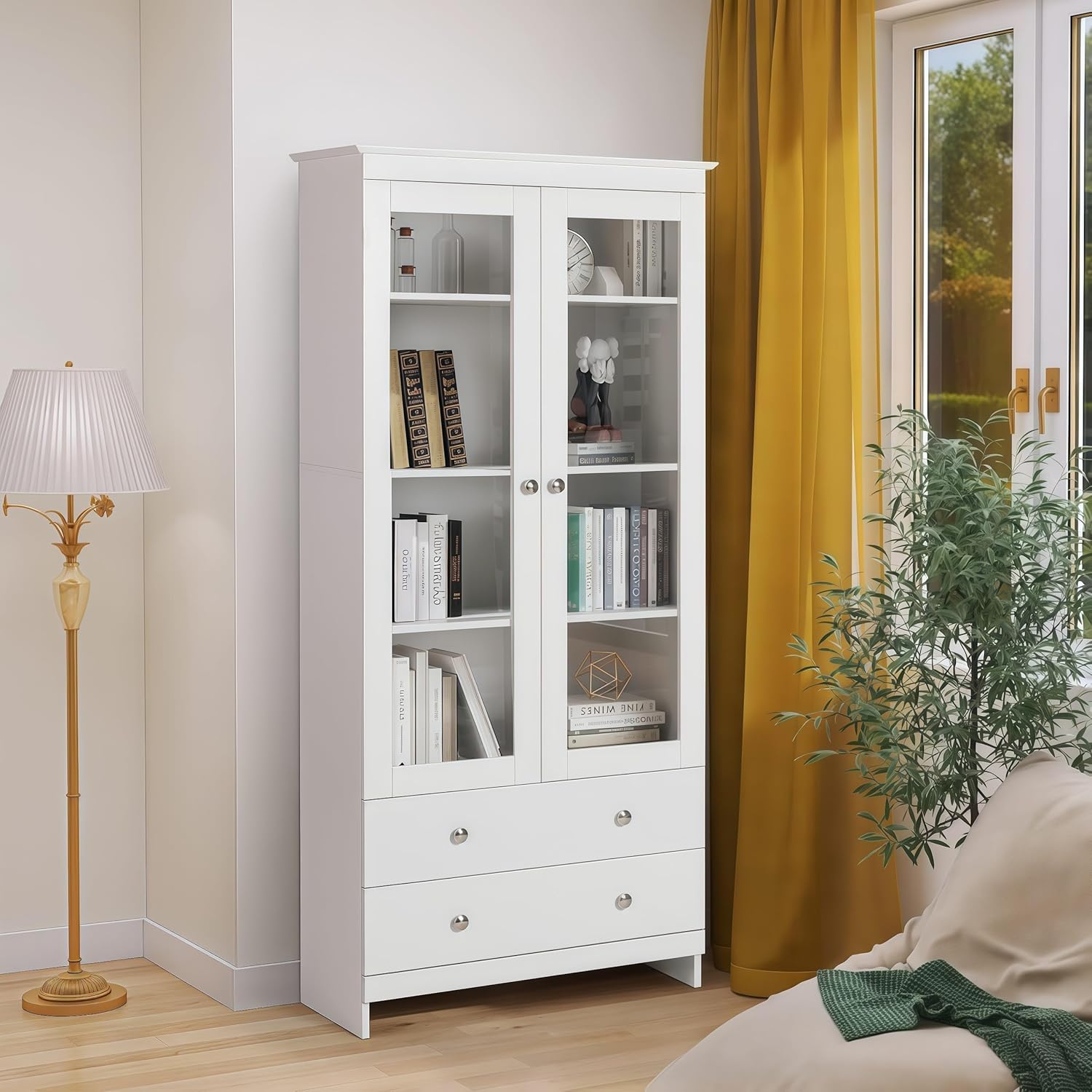 YIGOBUY Bookcase with Glass Doors 4-Tier Tall Bookshelf with Cabinet and Drawers Wood Curio Storage Cabinets Wide 4 Cube Storage Organizer for Living Room Bedroom Bathroom Office Kitchen