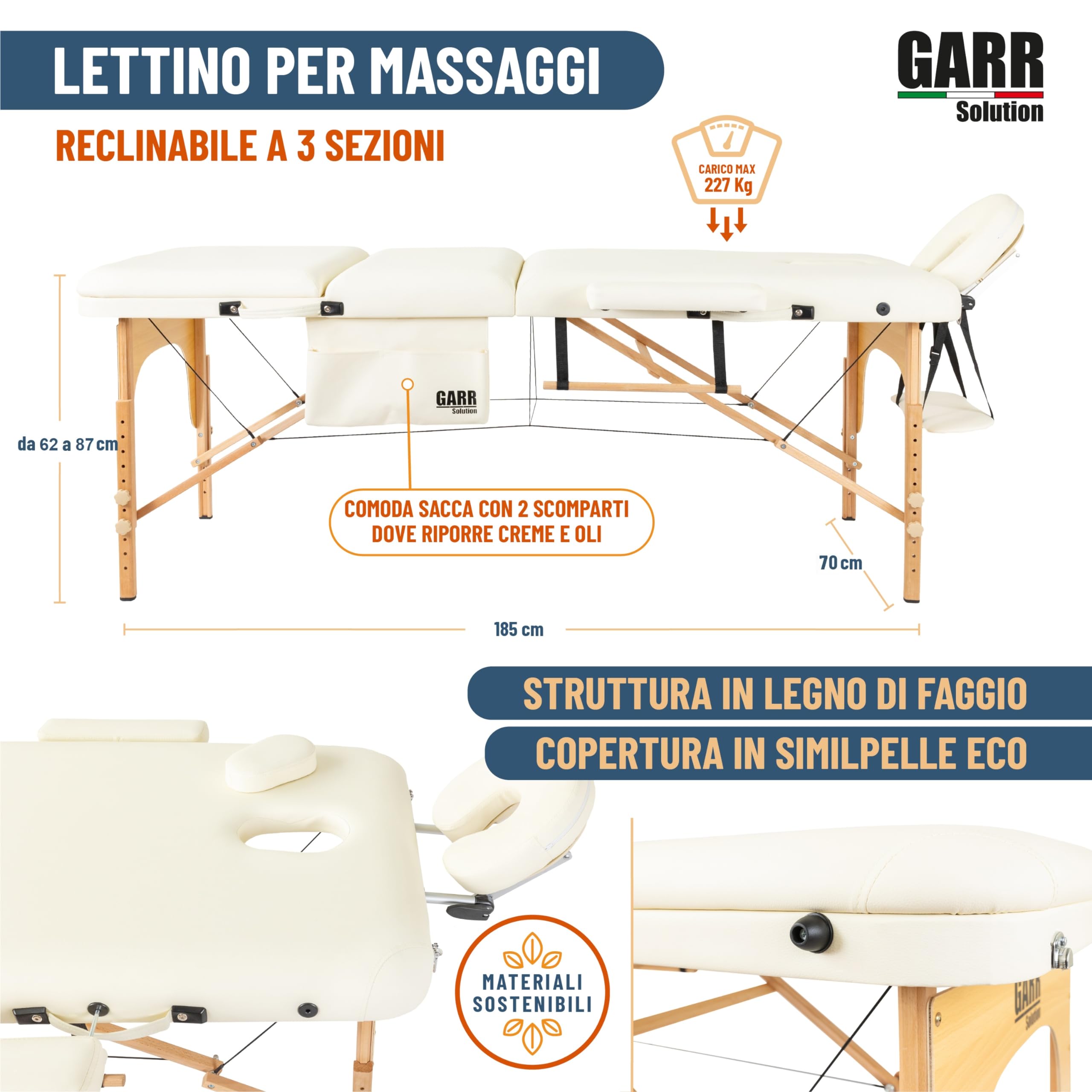 Lettino Massaggio Portatile 3 Zone in Legno, Professionale, Pieghevole e Leggero - 185x70 H62/87cm - con Porta Rotolo e Accessori - Adatto per Estetista, Fisioterapia e Tattoo - Crema
