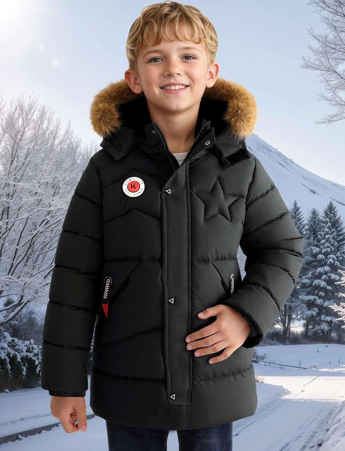 SEAUR Boys Winter Coat Boys Down Jacket Fur Collar Hooded Thick Warm Parka Padded Outerwear 3-10T - Image 3
