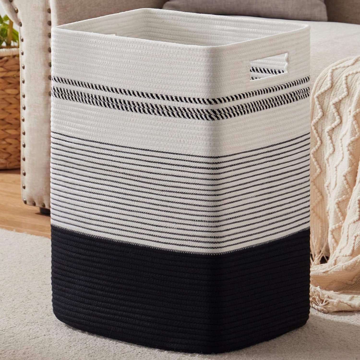 Catract Laundry Hamper, Large Woven Rope Tall Laundry Basket With Handles, 22" X 17" X 13", Decorative Storage Basket For Clothes And Blankets In Living Room, Bedroom (Jute & White) (B0CRWVBBD2) Amazon Price History, Amazon Price Tracker