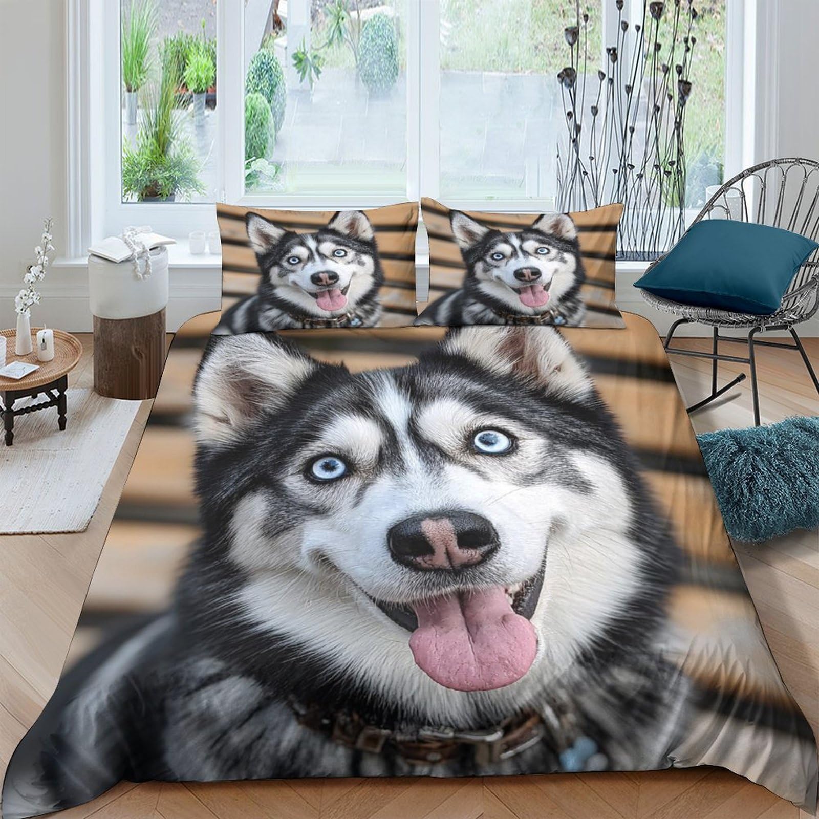 TUFRTGYHN 3D Printed Husky Dog Duvet Cover Microfiber Soft Breathable Wolf Pattern Bedding Set with 2 Pillowcases for Bedroom Decor Single（135x200cm）