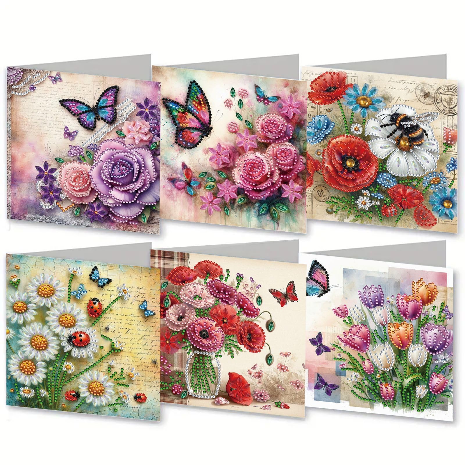 6 Pack 5D Diamond Art Painting Greeting Cards Set, DIY Diamond Art Card Kits with Envelopes, Handmade Craft Note Cards Gift for Women and Crafters-05-Flower — image 1