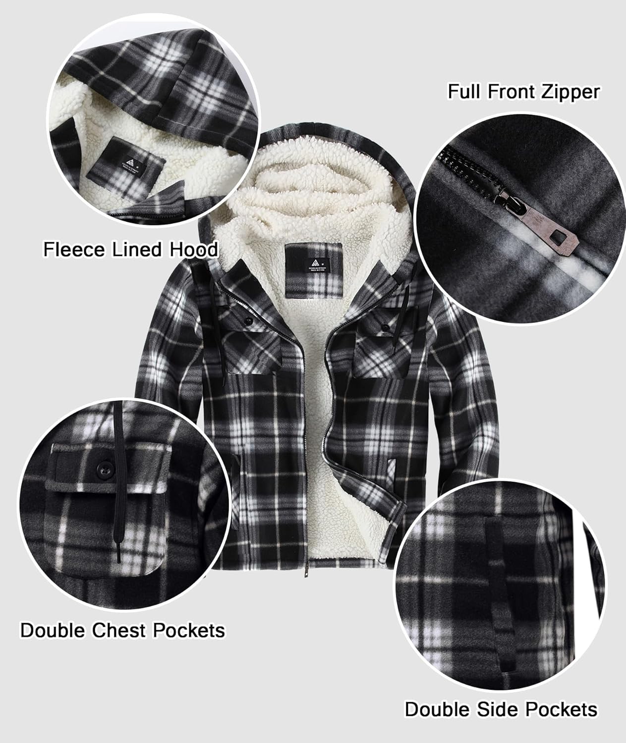 Little Beauty Men's Flannel Shirt Jacket Zip Up Fleece Plaid Jackets with Pokect Winter Warm Sherpa Lined Coat Hoodie - Image 4