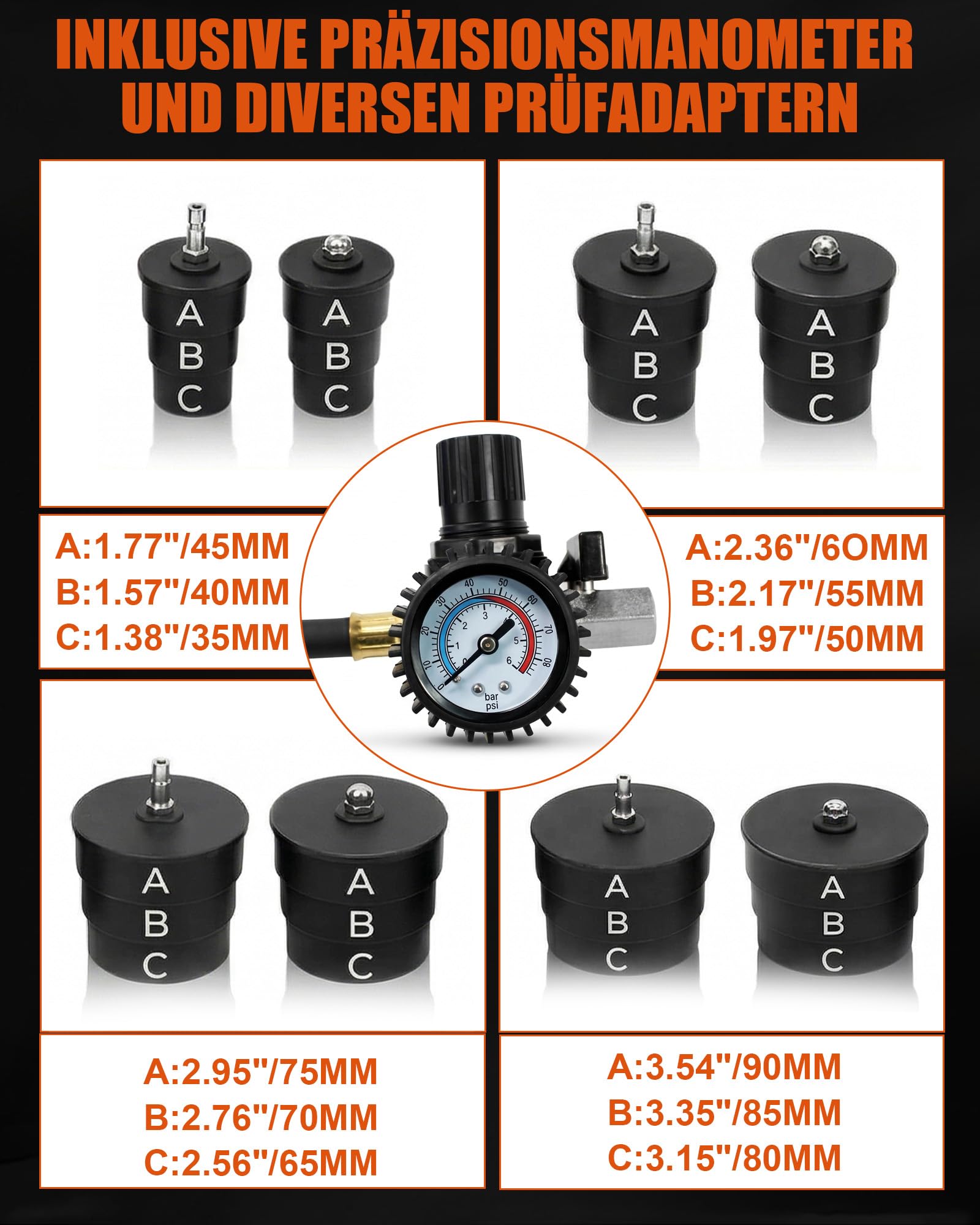 9tlg Turbolader Ladeluft System Adapter Satz: Turbo Boost Lecktester Boost-Lecktest-Kit mit Manometer für Ansaug und Ladeluftsystem PKW Transporter für Kfz Werkstatt und Mechaniker