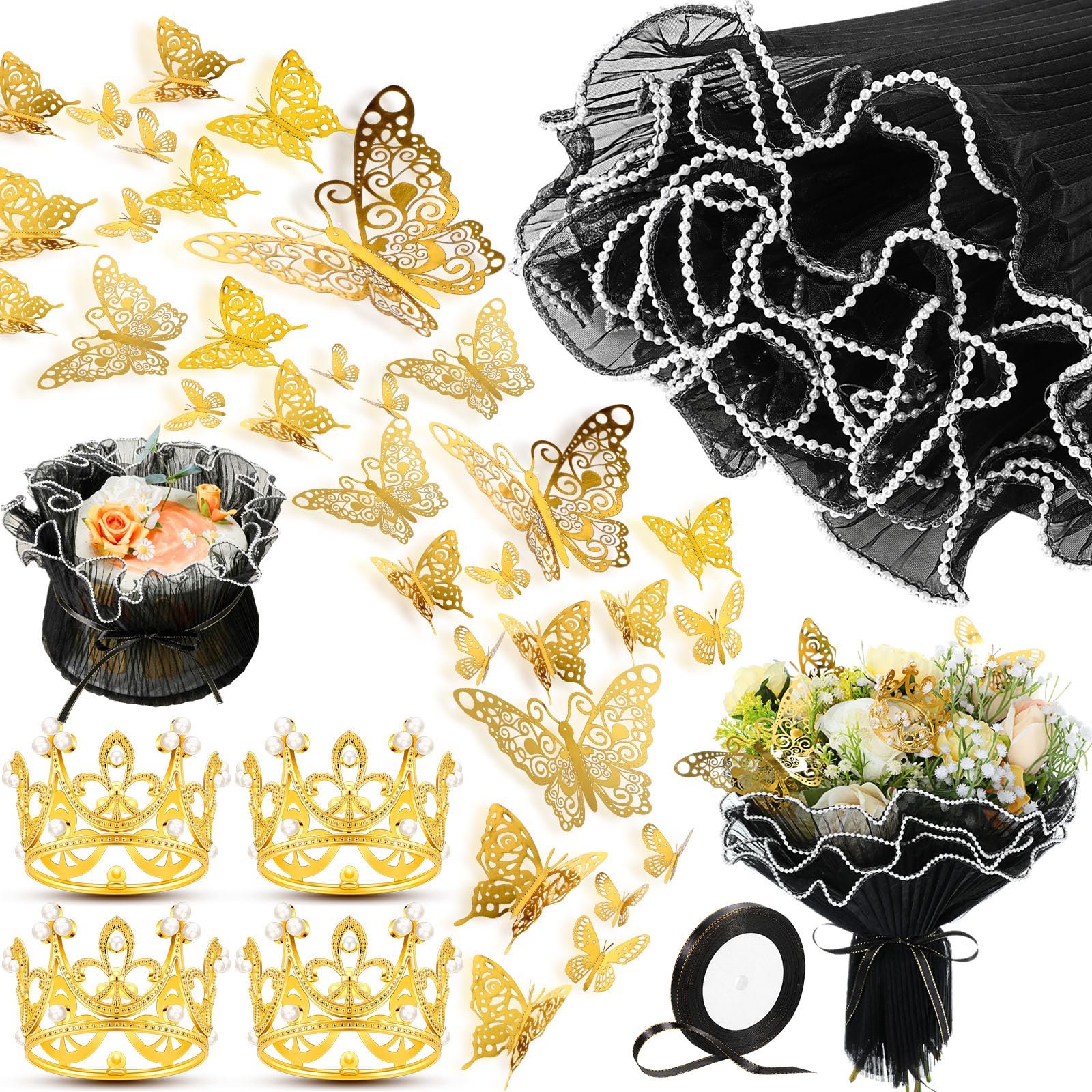 Threlaco Flower Bouquet Accessories Include 11 x 157'' Black Pearl Edge Wrinkled Flower Wrapping Mesh Paper 4 Floral Crown 12 Butterfly for Birthday Valentines Wedding Party Floral DIY Craft Packaging