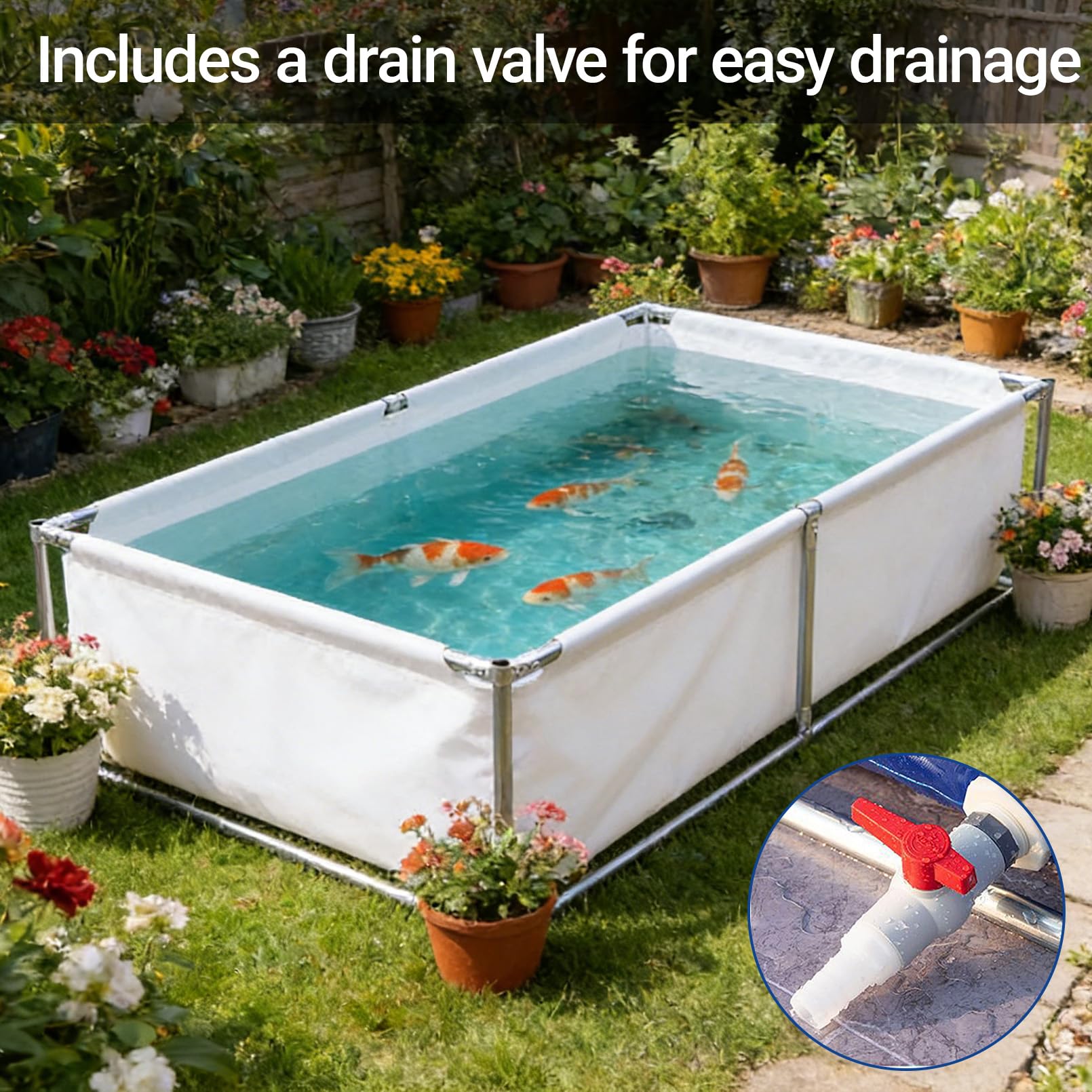 Koi Zuchtbecken mit Ablassventil&robustem Gestell, Außenlagertank Segeltuch Fischteich, Faltbarer Wasserlagerteich 150×150cm, Schwimmbecken Pools Für Wasser-Bewässerung, Einfach Einzurichten