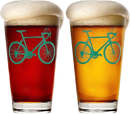 Greenline Goods - Vasos de cerveza para bicicleta (juego de 2)  Vasos de 16 onzas con diseños coloridos de ciclista  Cristalería decorativa premium