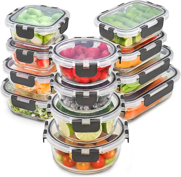 Freshware Glass Storage Containers with Lids, 24 Pieces, 12 Containers with 12 Lids, Glass Meal Prep Container for Lunch