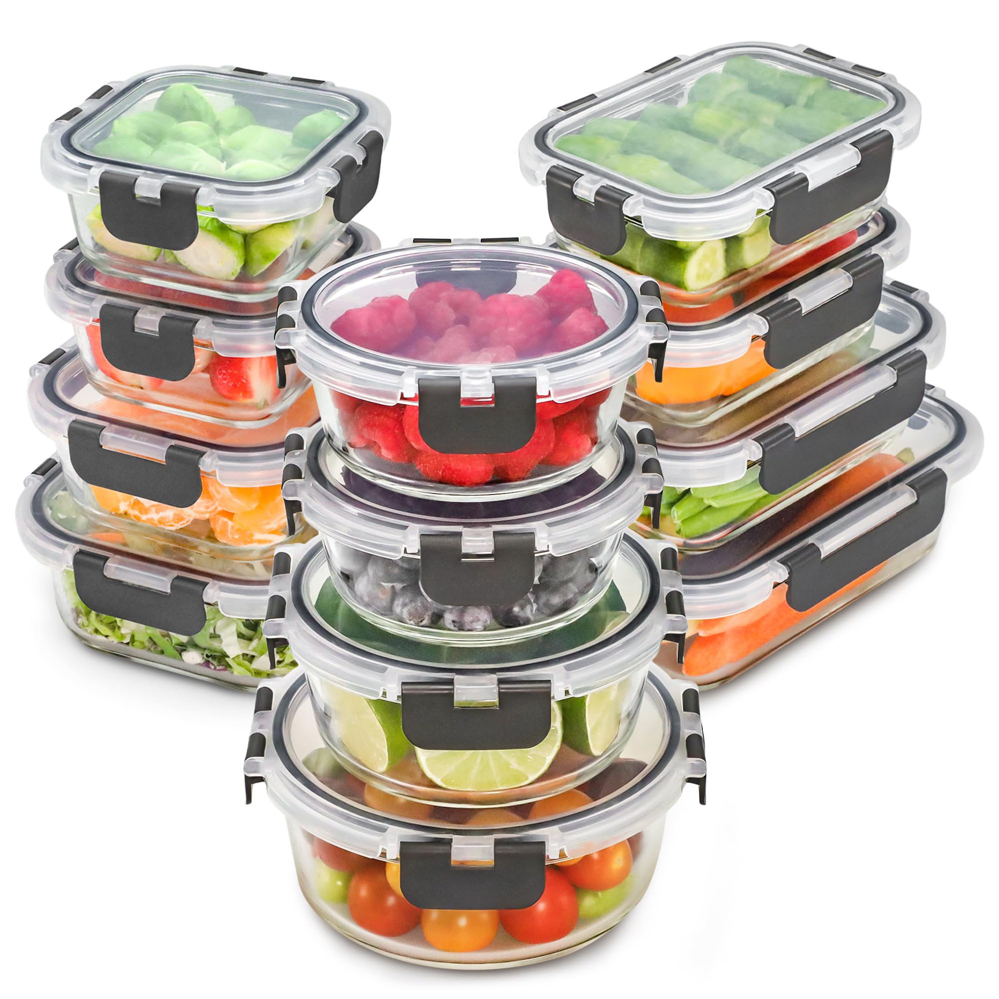 Freshware Glass Storage Containers with Lids, 24 Pieces, 12 Containers with 12 Lids, Glass Meal Prep Containers, Leak Proof, Freezer Safe