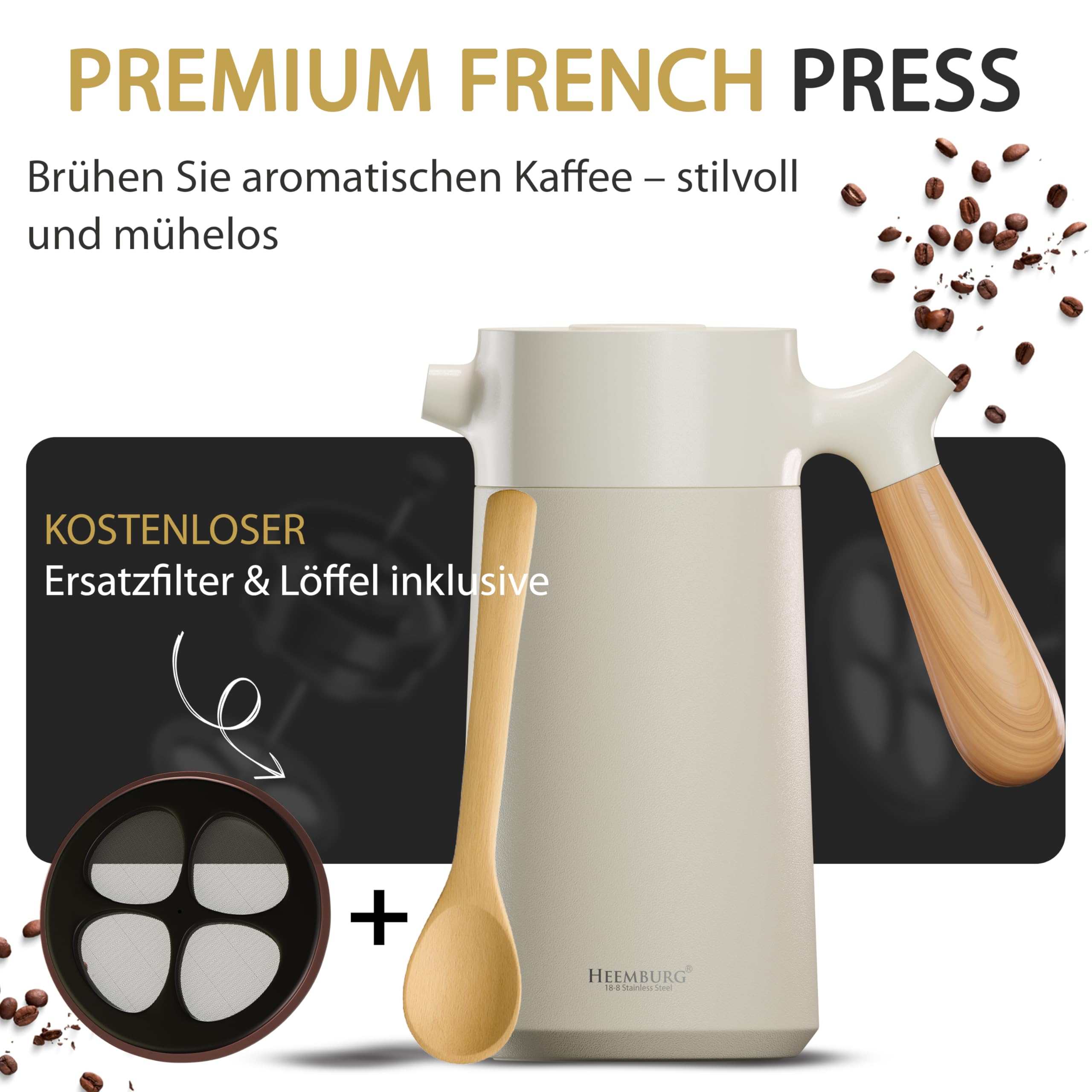 HEEMBURG Thermo French Press 1L (8 Tassen) | Premium Edelstahl Kaffeepresse & Teebereiter | 6h Doppelwandige Isolierung | inkl. Ersatzfilter & Bambuslöffel Geschenkset | Zuhause, Büro & Camping – Weiß