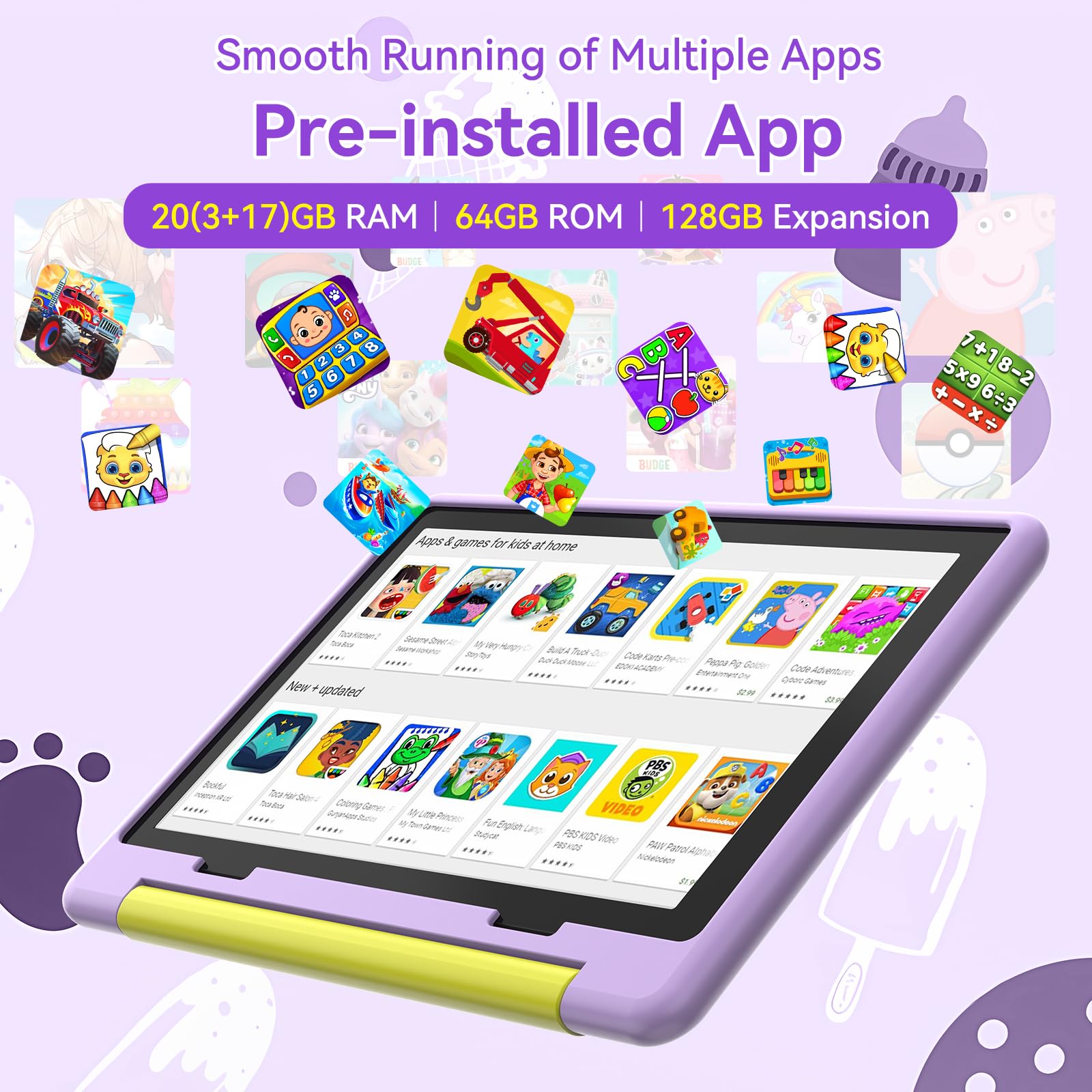 Laptok Kids Tablet, Android 15 Kids Tablet 10 inch Octa-Core with 20GB+64GB+1TB Expand Tab for Toddler Child｜ Parental Control｜WiFi 6｜BT 5.3｜Dual Camera｜Protective Case｜Great Gift for Child(Purple) in use