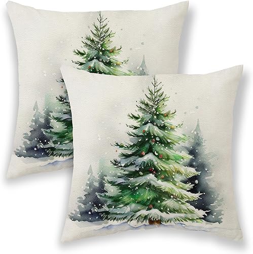 Fundas de almohada de Navidad de 18 x 18 pulgadas, 2 unidades, almohadas decorativas de acuarela para sofá, copos de nieve de invierno, decoración
