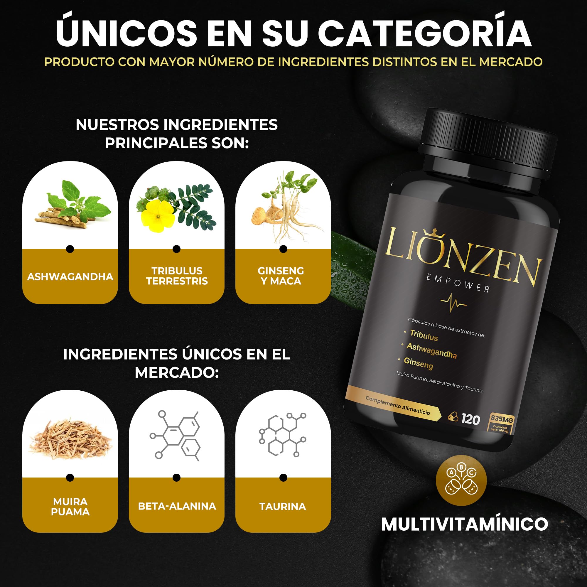 Testosterona Hombre Musculacion | Fuerza y Energía | +19 ingredientes | Ashwagandha, Maca, Ginseng, Tribulus terrestris, Ginkgo, Beta Alanina, Taurina, Muira Puama, L-Arginina, Zinc, Vitaminas. 120c
