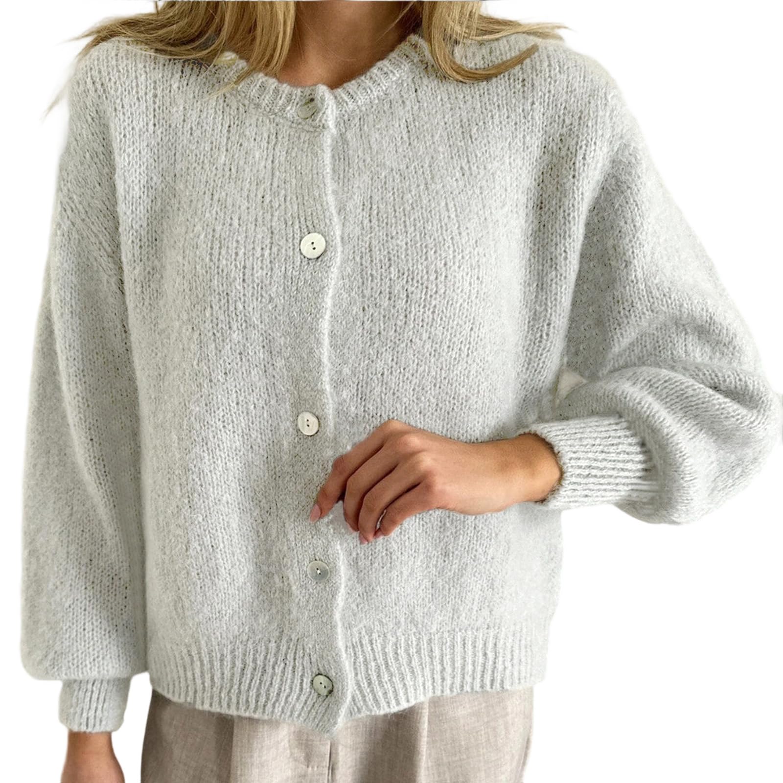 Women Button Up Cardigan Sweater Y2k Fuzzy Contrast Trim Crew Neck Long Sleeve Cable Cardigan Coat Going Out Fall Warm Knitwear (F-02, S)